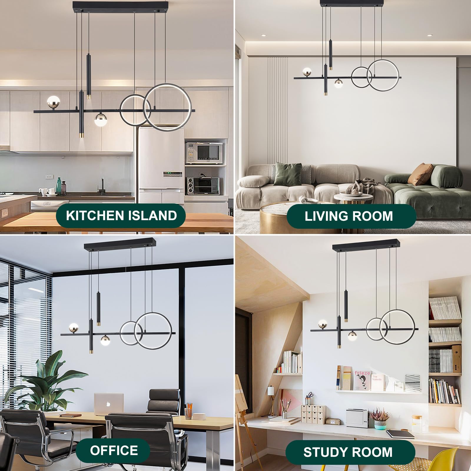 Modern LED Chandelier for Dining Room - Dimmable Black Gold Kitchen Island Pendant Light, Linear Ring Globe Ceiling Fixture | Perfect for Contemporary Home Decor, Restaurant Lighting & Open Concept Spaces