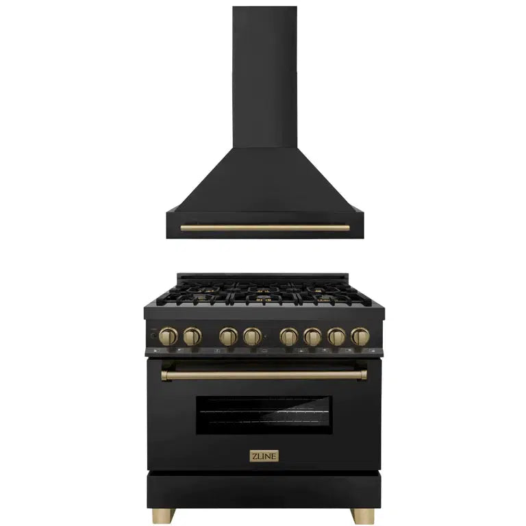 ZLINE Autograph Edition 36-inch Black Stainless Steel Dual Fuel Range & Range Hood with Champagne Bronze Accents - Professional Kitchen Package (2AKP RABRH36 CB) | Perfect for Gourmet Cooking & Modern Home Kitchens
