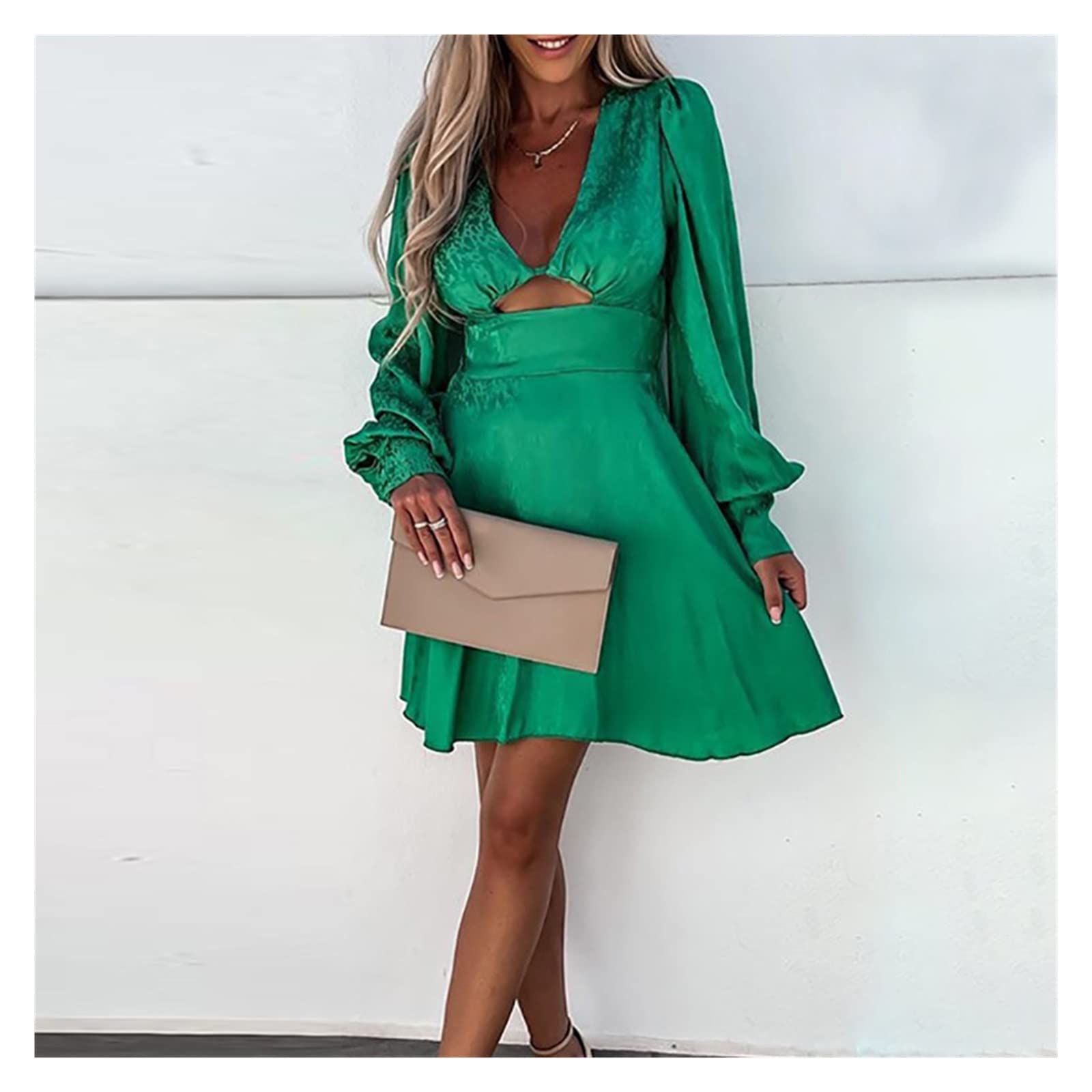 Women's V-Neck Floral Lace Puff Sleeve Mini Dress - High Waist Cutout Summer Party Dress (Color A, Size S) | Perfect for Beach Vacations, Date Nights & Cocktail Parties