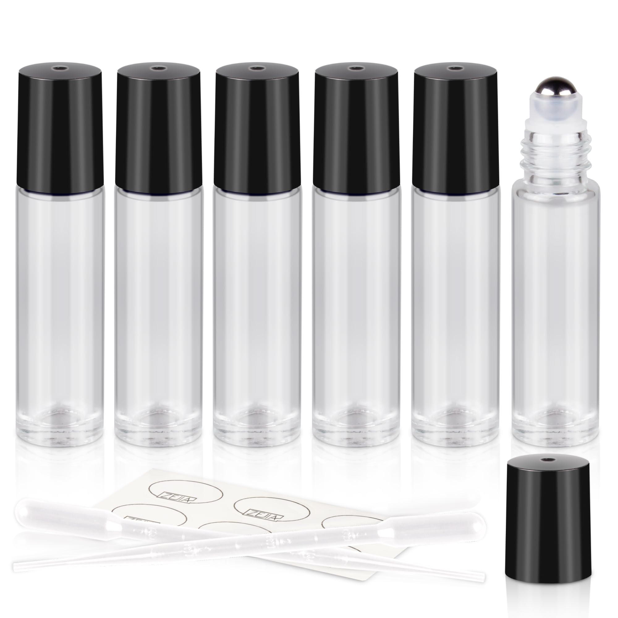 10ml Essential Oil Roller Bottles 6-Pack - Clear Thick Glass Bottles with Stainless Steel Roller Balls & 2 Droppers - Perfect for Aromatherapy, DIY Blends & Travel