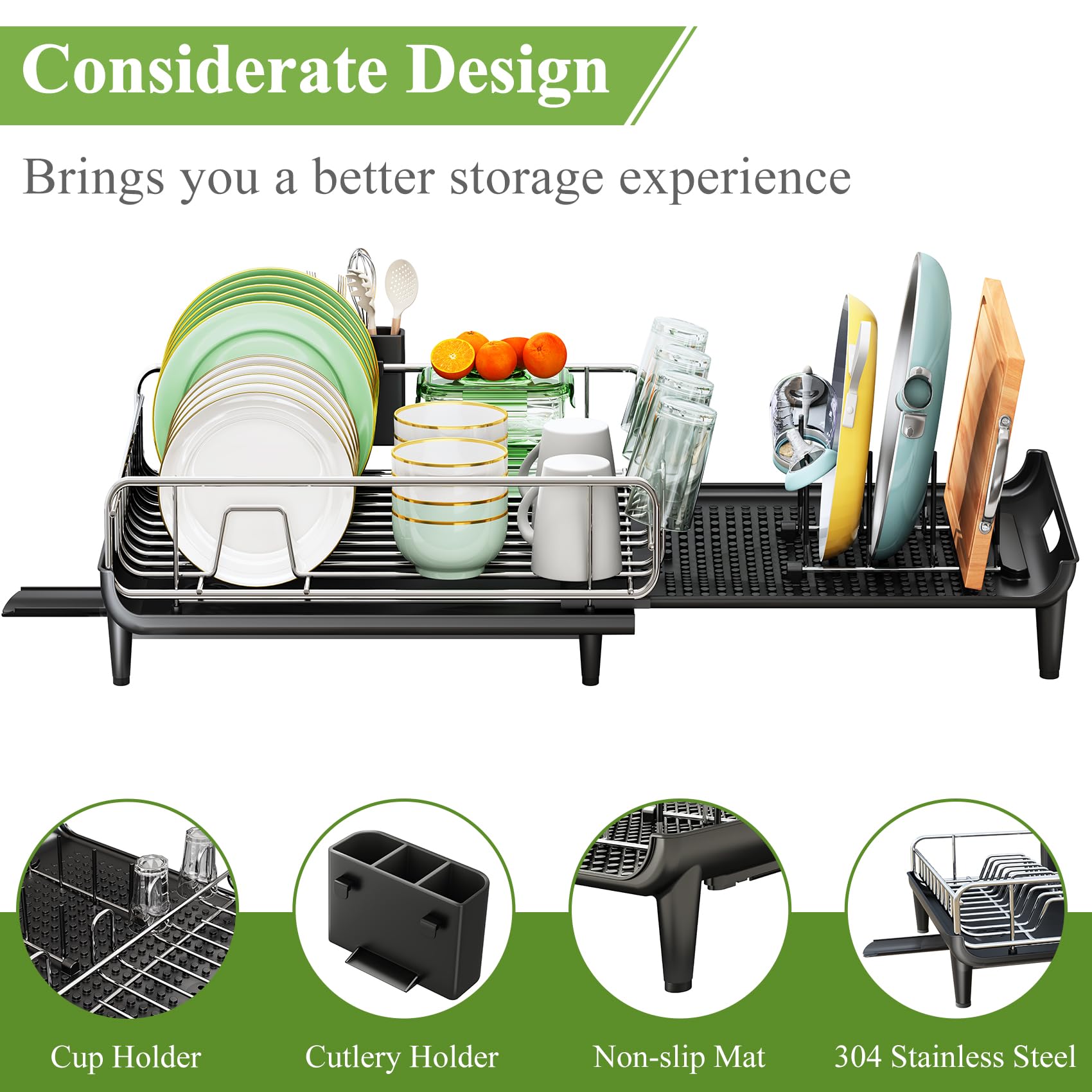 Expandable Dish Drying Rack for Kitchen Counter - Large Dish Drainer with Pan Holder, Utensil Holder & Drainboard Cup Holder | Space-Saving Black Dish Rack for Small Kitchens, Apartments & Dorm Rooms
