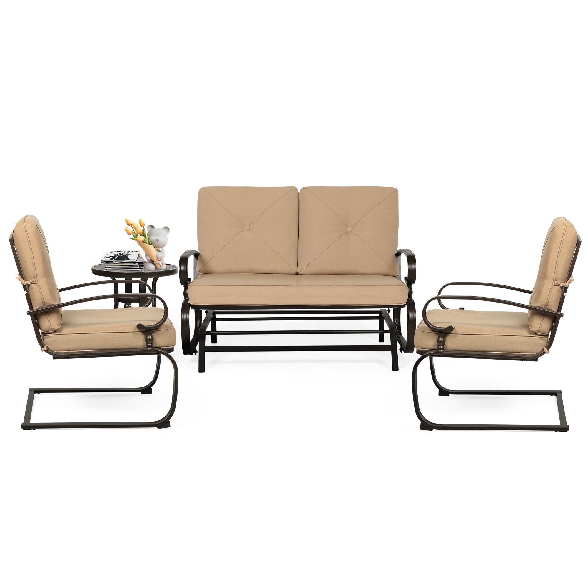 4-Piece Outdoor Patio Conversation Set - Glider Loveseat with 2 Spring Chairs & Coffee Table - Brown Cushions Included - Perfect for Backyard, Garden or Poolside Relaxation