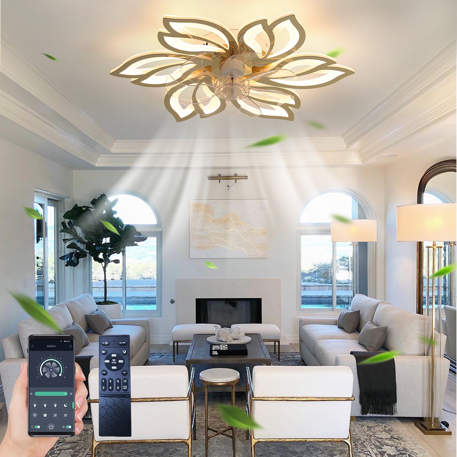 25.5 Inch Modern Ceiling Fan with Light - Remote Control, 3 Color Temperatures & 6 Speed Settings, Titanium Gold Finish - Perfect for Living Room, Bedroom, and Outdoor Patio