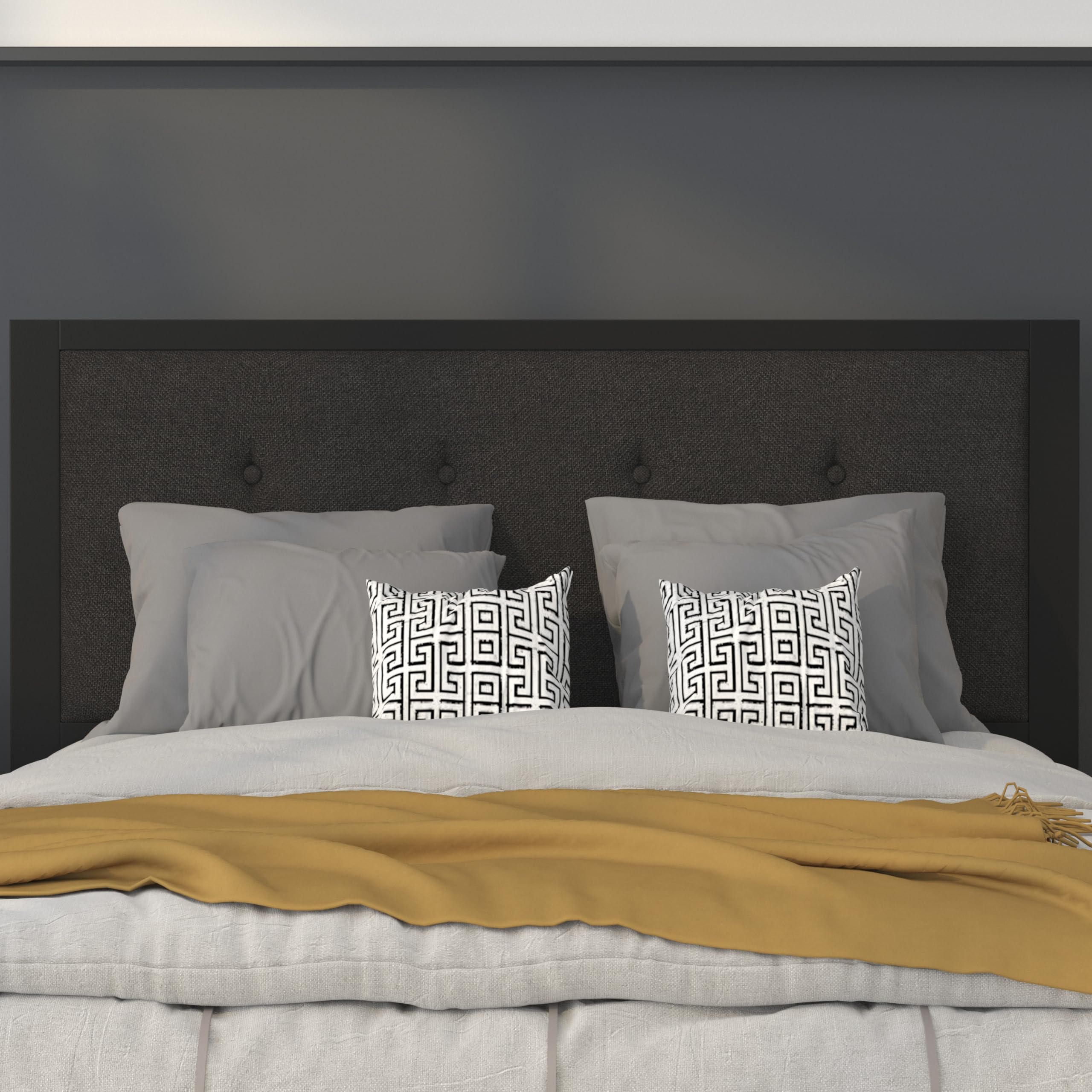 Full Size Upholstered Metal Panel Headboard in Tufted Black Fabric - Queen Bed Frame Accent for Modern Bedroom Decor | Perfect for Master Bedrooms, Guest Rooms & Apartment Living