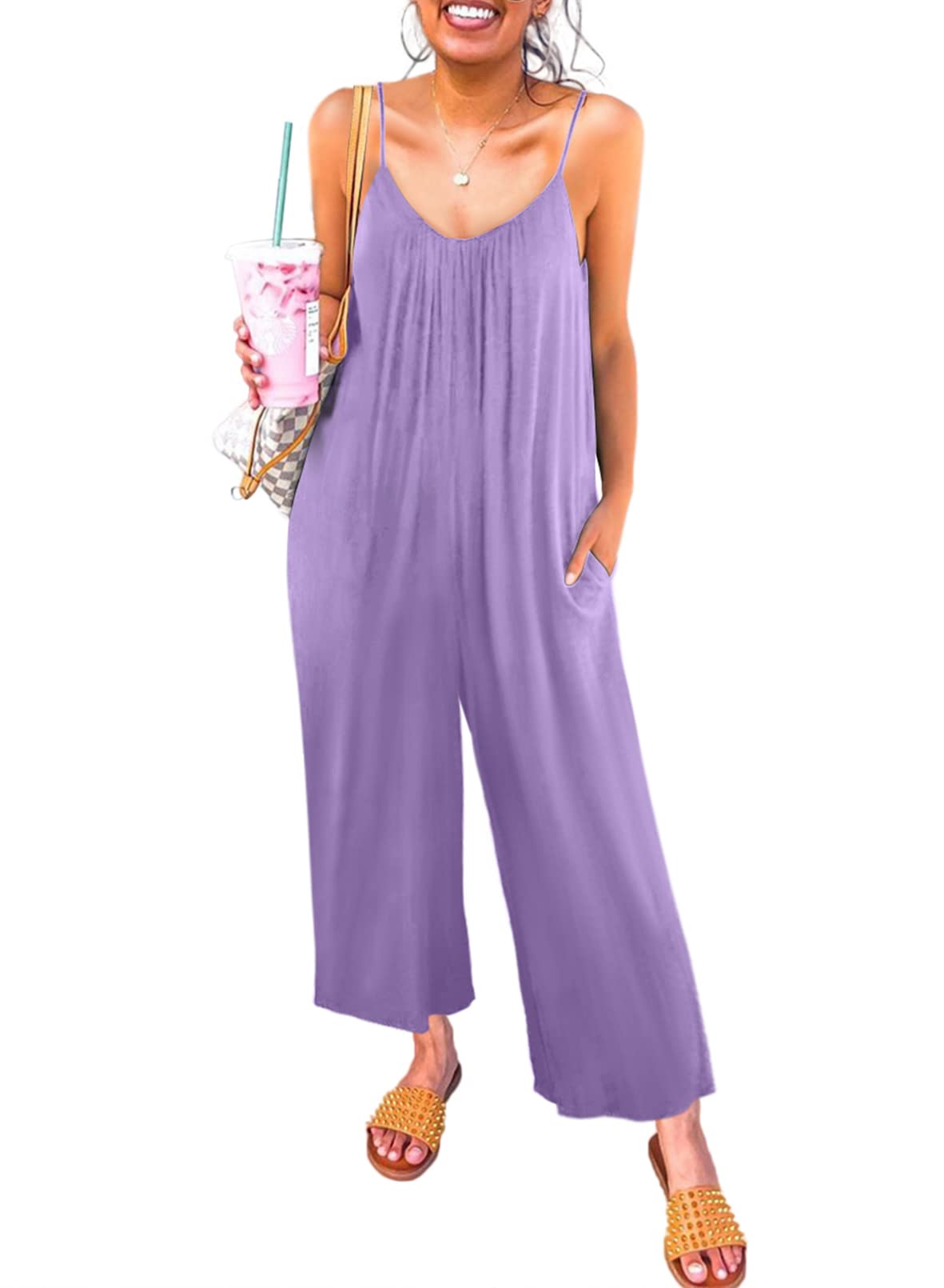 Happy Sailed Women's Casual Sleeveless Button Front Loose Jumpsuit - Stretchy Long Pants Romper with Pockets - Perfect for Summer Outings, Beach Vacations & Casual Wear