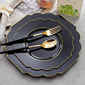 Supernal 34-Piece Gold Plastic Silverware Set with Black Handles - Includes 30 Gold-Rimmed Black Dinner Plates & 30 Appetizer Plates - Elegant Disposable Cutlery for Parties, Weddings, Birthdays & Formal Events