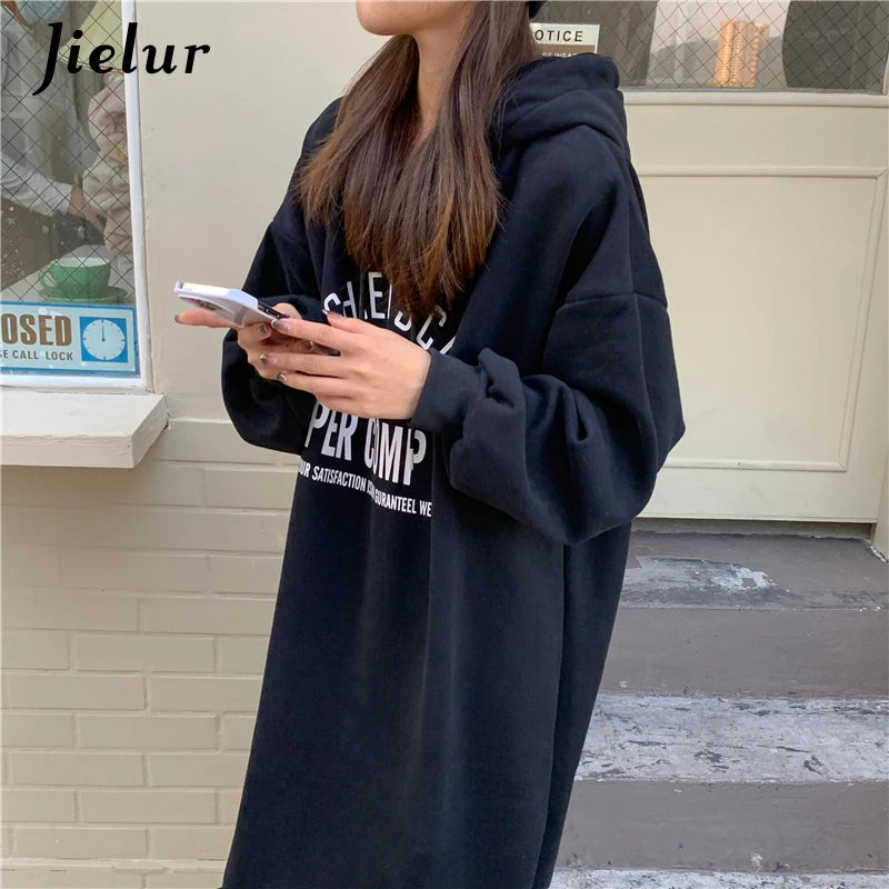 Black Long Sleeve Hooded Sweatshirt for Women - Cozy Winter Pullover with Letter Print | Streetwear Fashion for Casual Outfits & Cold Weather Layering