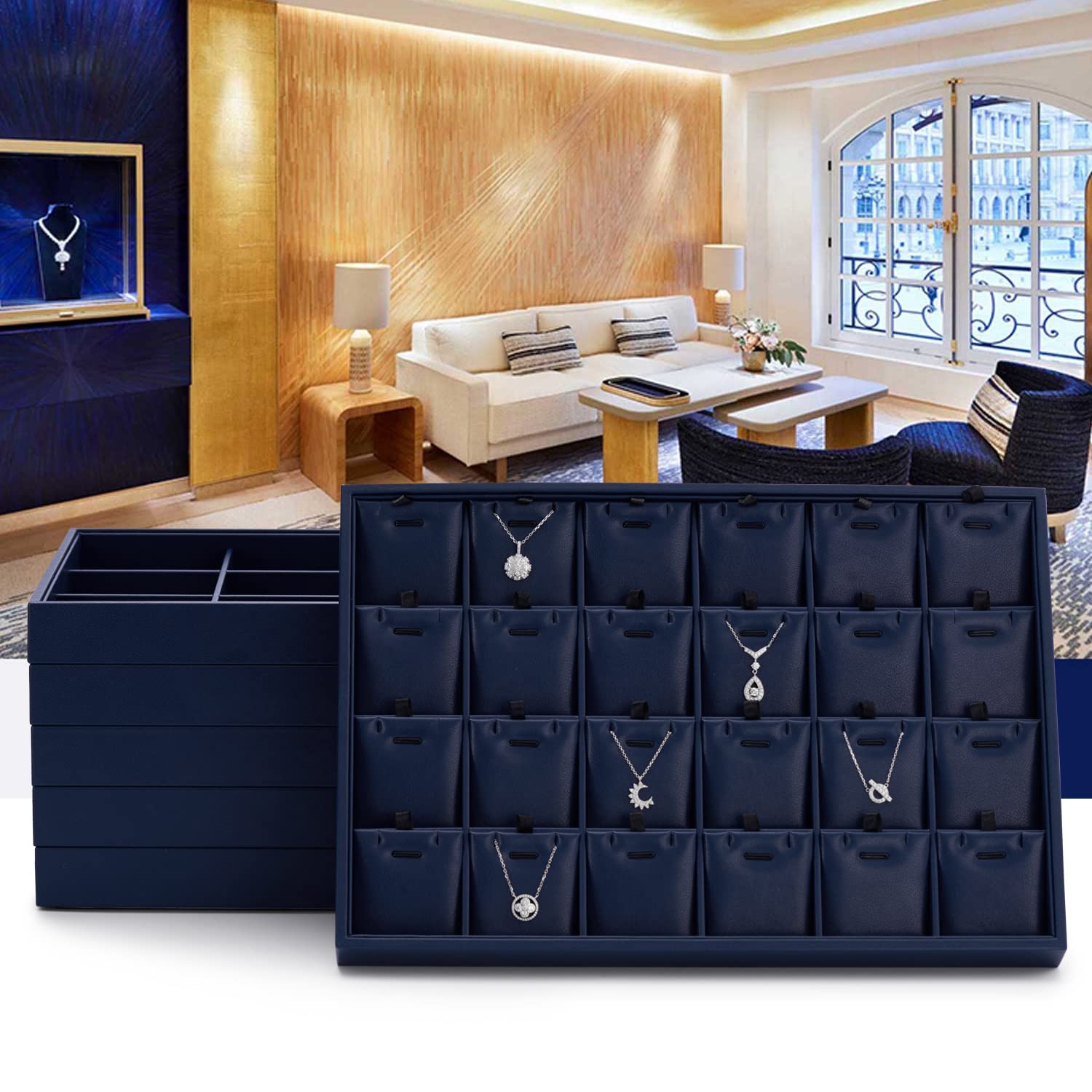 Oirlv Elegant Blue Jewelry Display Tray - Stackable Jewelry Organizer for Rings, Earrings & Necklaces | Jewelry Drawer Storage Solution for Boutique, Home & Travel Use