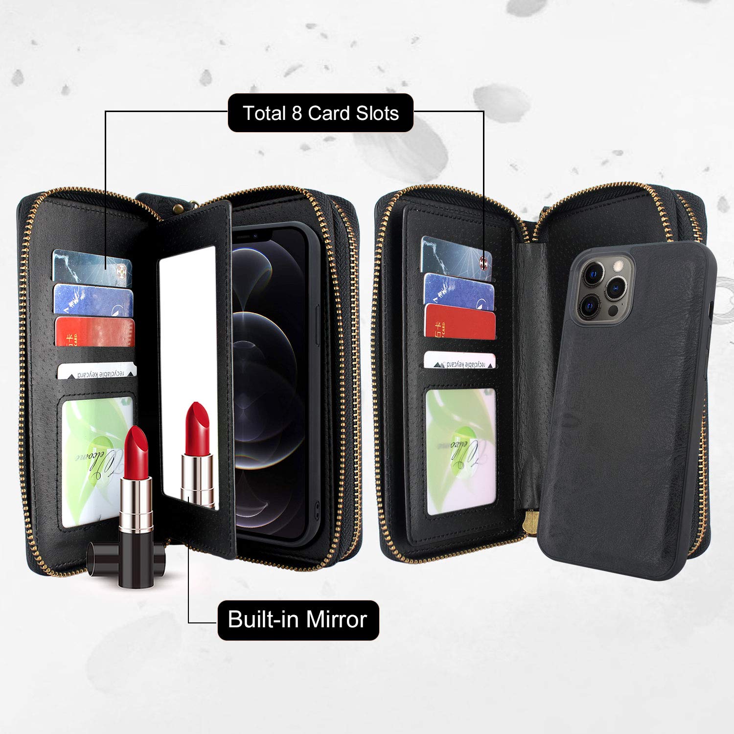 Harryshell Magnetic Wallet Case for iPhone 12 Pro Max (6.7 inch 2020) - Detachable Zipper Clutch Purse with Card Slots, Mirror & Crossbody Chain Wrist Strap (Black) | Perfect for Travel, Shopping & Daily Use