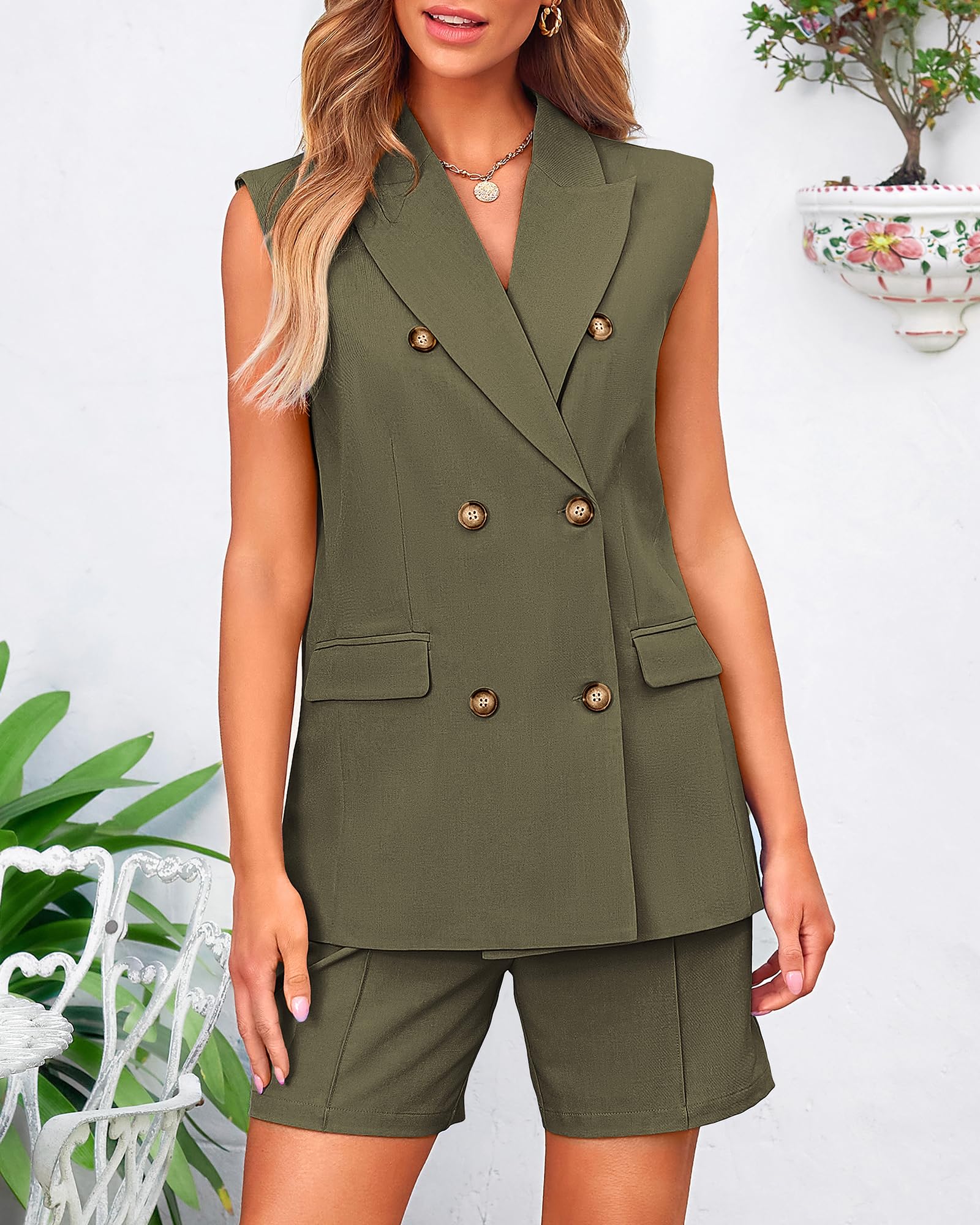 BTFBM Women's 2-Piece Blazer Vest & Shorts Set - Lapel Neck Sleeveless Button Down Office Wear for Summer | Casual Lounge Matching Outfit for Work, Travel & Date Night