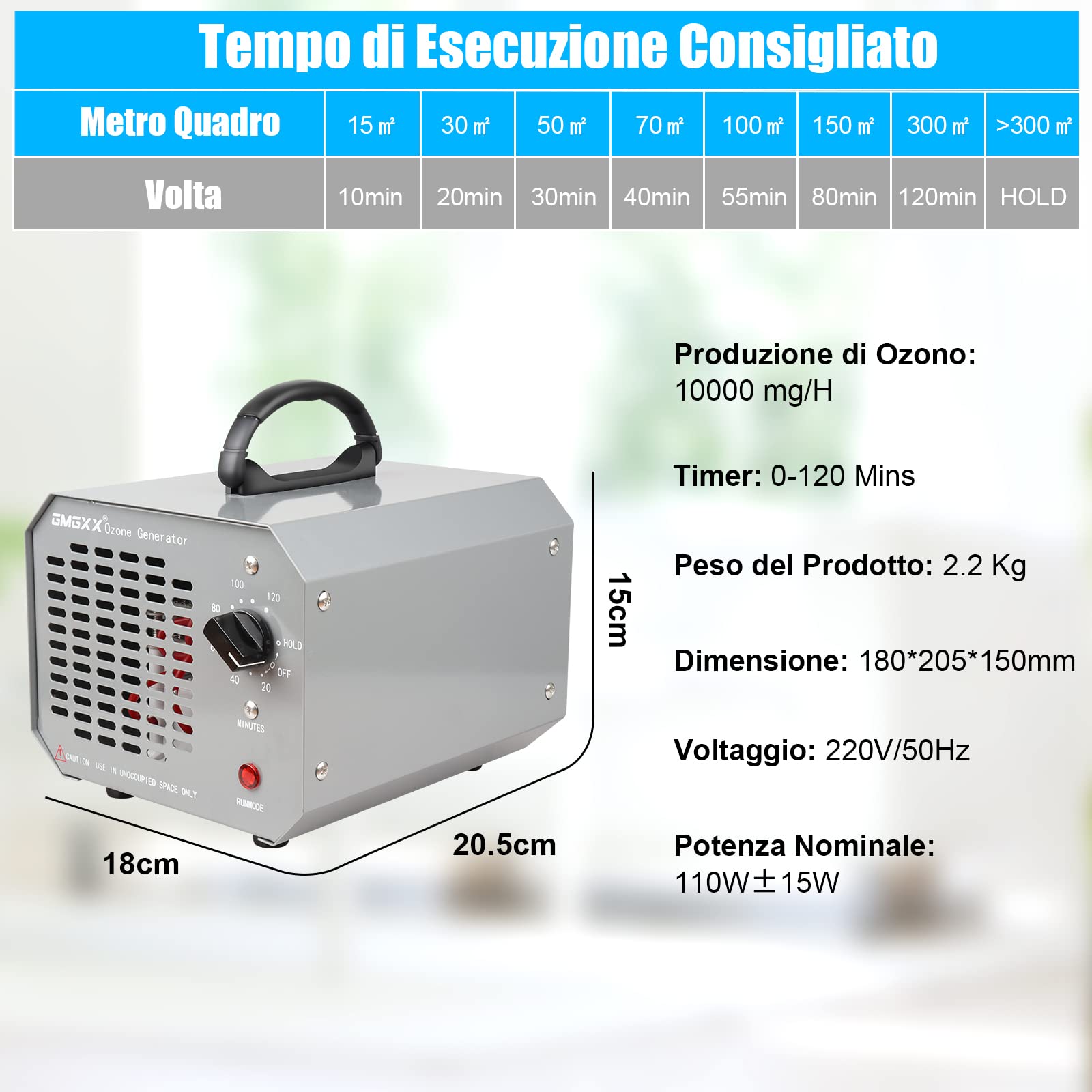 Professional 10000mg/H Ozone Generator Air Purifier for Home & Car - 0-300㎡ Coverage, 120 Min Timer, Grey | Eliminate Odors, Mold & Bacteria in Living Spaces, Vehicles & Offices
