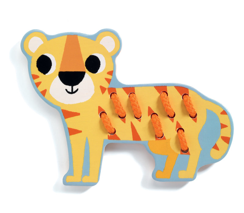Djeco Wooden Lacing Animals Toy Set - Montessori Educational Threading Beads for Toddlers - Fine Motor Skills Development Activity for Kids - Perfect for Preschool Learning & Travel Play