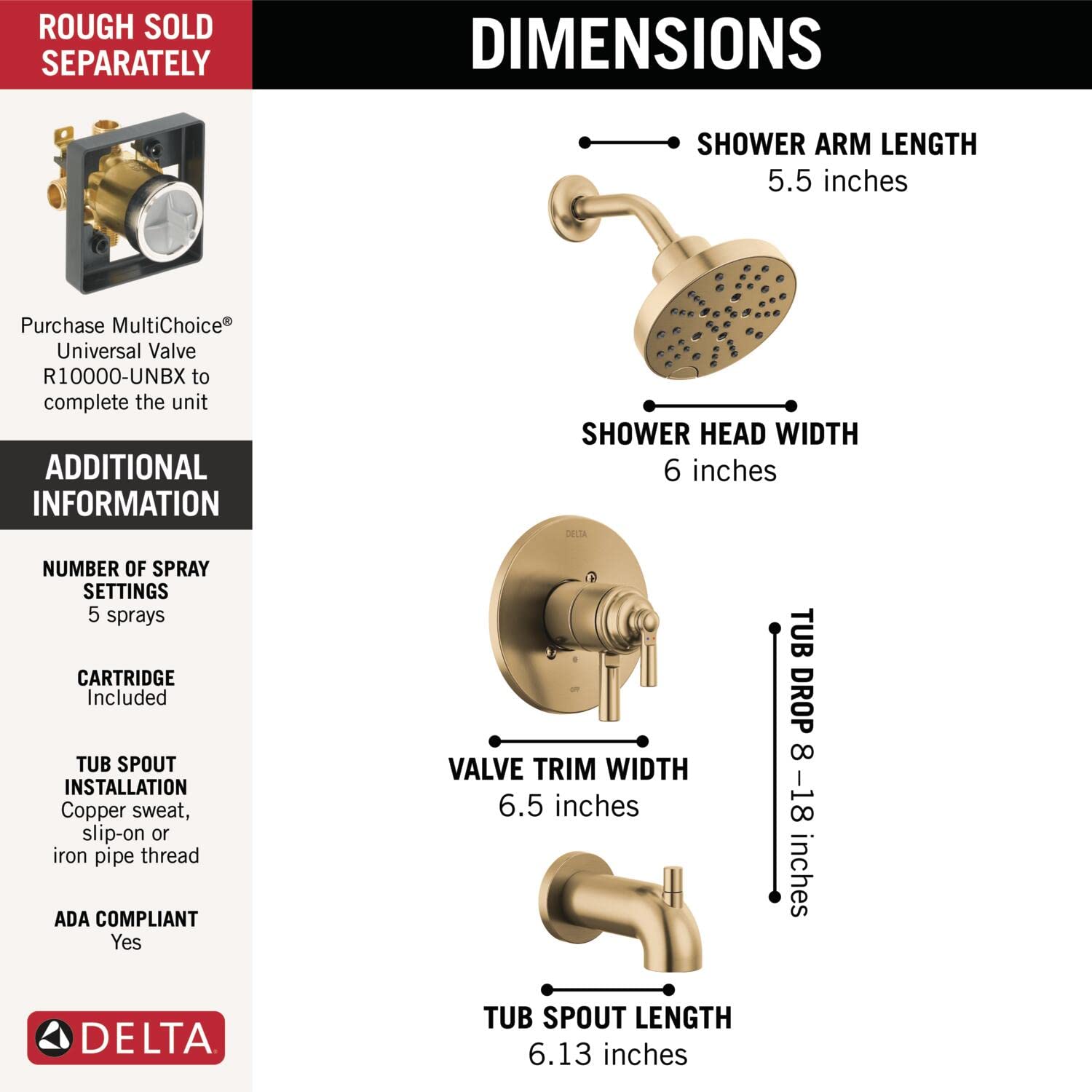 Delta Saylor 17 Series Gold Tub and Shower Faucet Combo with H2Okinetic Shower Head - Champagne Bronze T17435-CZ (Valve Not Included) - Perfect for Bathroom Renovation, Luxury Spa Experience, Modern Home Upgrade