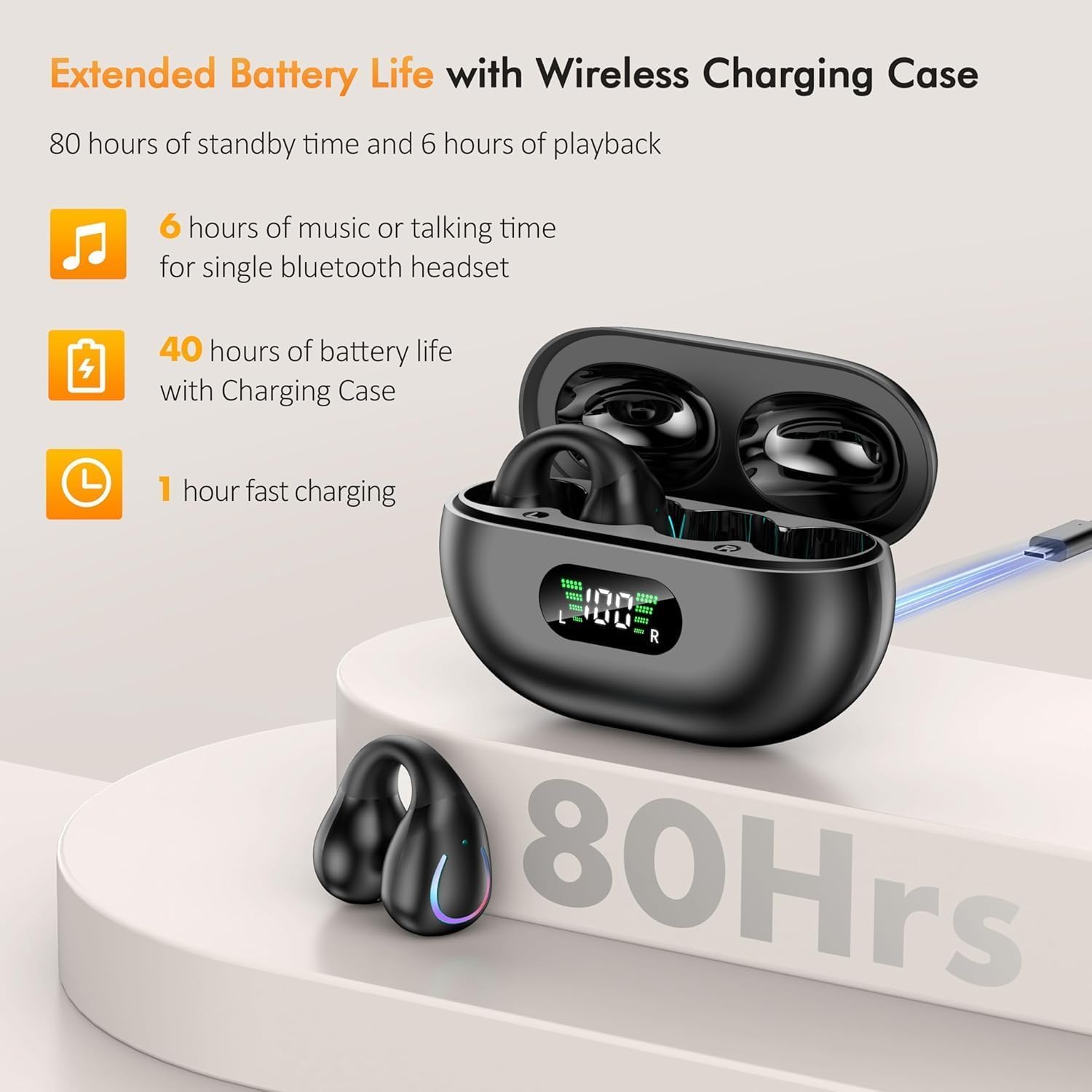 Open Ear Clip Wireless Earbuds Bluetooth 5.3 - Sports Earphones with Built-in Mic, Secure Ear Hooks & Wireless Charging Case - IPX7 Waterproof for Running, Cycling, Gym Workouts & Outdoor Activities
