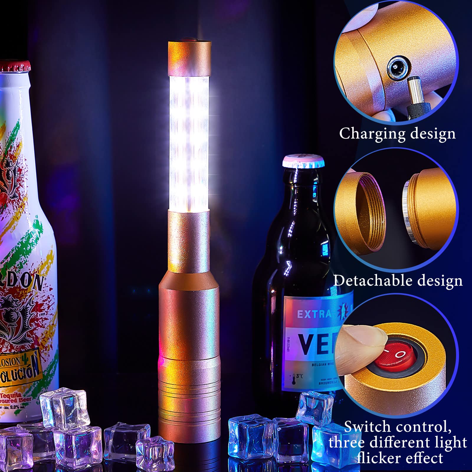 Lewtemi 4 Pieces LED Strobe Baton Lights - Rechargeable Champagne Bottle Topper & Bottle Service Sparklers for VIP Nightclubs, Bars, Weddings, Birthday Parties & Events (Gold)