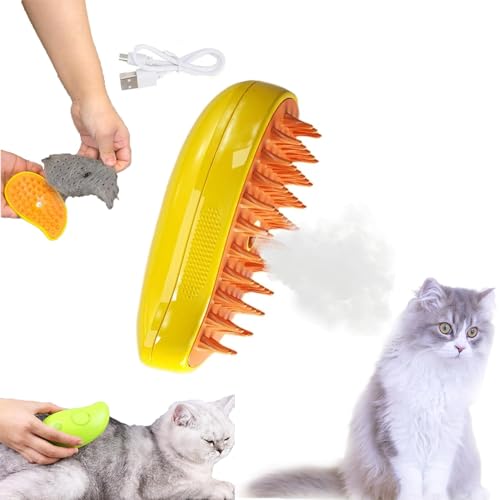 2024 Best Rechargeable 3-in-1 Steamy Cat Brush with Liquid Inlet - Eliminates Flying Hair & Tangles - Perfect Cat Grooming Tool for Long/Short Hair Cats - Great Christmas Gift for Cat Lovers (Yellow) - Ideal for Home Grooming, Shedding Control & Bonding Time with Your Feline Friend