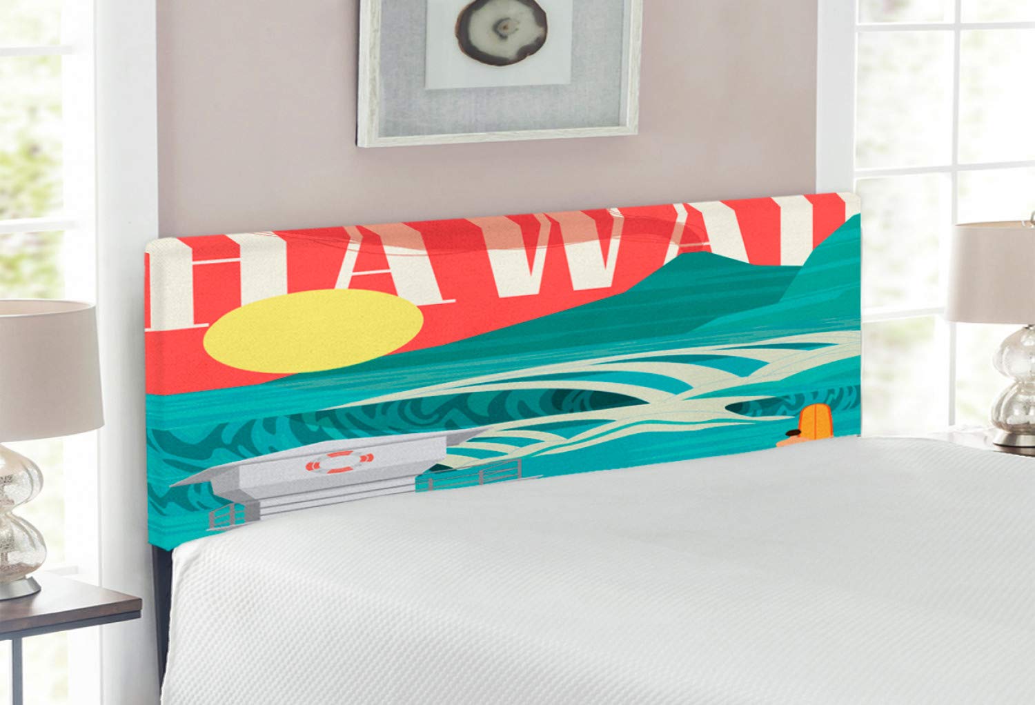 Ambesonne Hawaiian Headboard - Full Size Upholstered Decorative Metal Bed Headboard with Memory Foam | Tropical Beach Design Featuring Sandy Coastline, Surfboard & Sunny Day Theme | Perfect for Bedroom Decor, Vacation Homes & Tropical-Themed Weddings | Sand Teal Color