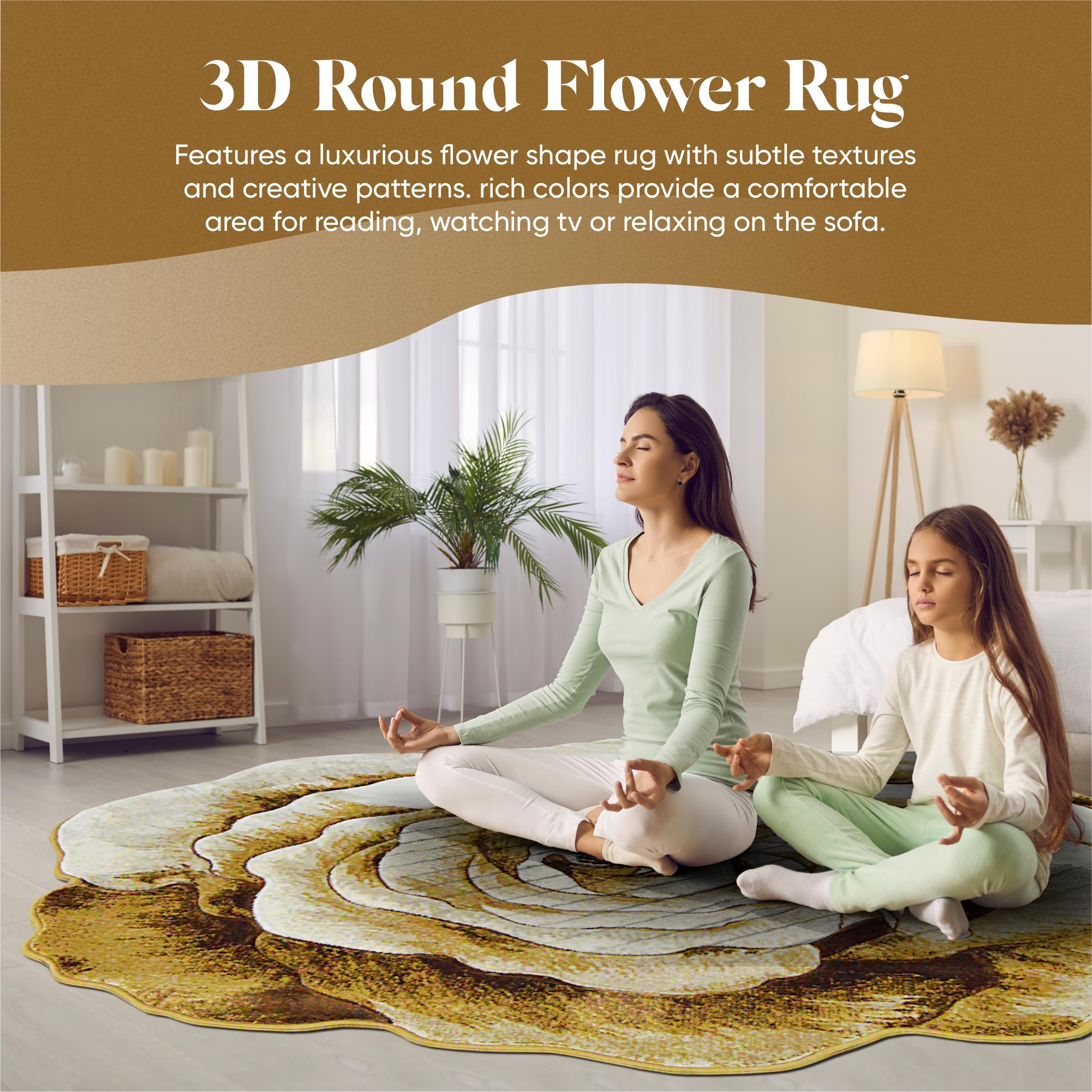 5ft Round Rose Area Rug - Plush Flower Shaped Carpet for Bedroom & Living Room | Soft Girly Circle Rug in Beige 304 | Perfect for Boho Decor, Nursery Floor & Cozy Home Accent