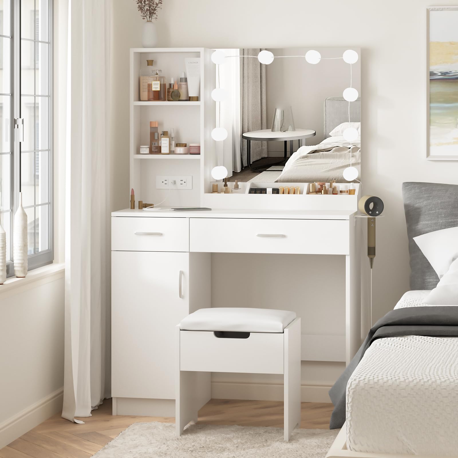 Fameill White Makeup Vanity Desk with LED Lighted Mirror, Power Strip & Storage - 2 Drawers, 3 Lighting Colors, 35.4 Inch - Perfect for Bedroom, Dressing Room & Beauty Salon Makeup Application