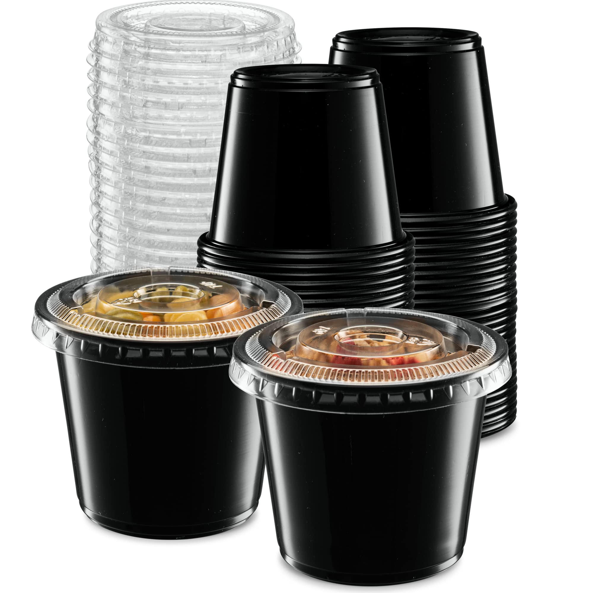 (5 oz - 100 Sets) Black Disposable Plastic Portion Cups with Lids - Small Mini Containers for Portion Control, Jello Shots, Meal Prep, Sauce, Condiments, Medicine | Ideal for Parties, Catering, Restaurants & Home Use