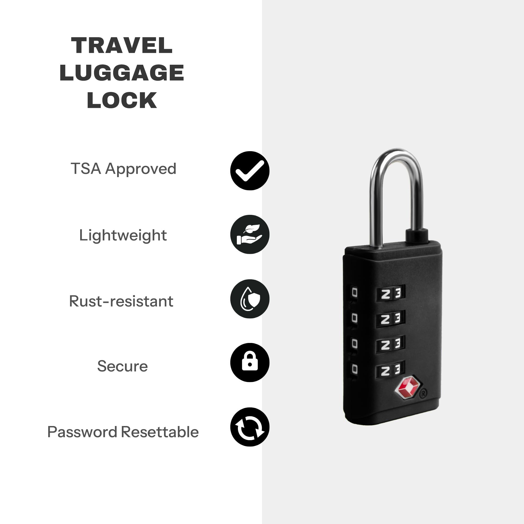 TSA Approved Luggage Locks - Small Combination Padlock with Alert Indicator | Secure Suitcase, Cabinet, Gym Locker, Gun Case & Box | Travel Essentials for Airports & Home Security (Black)