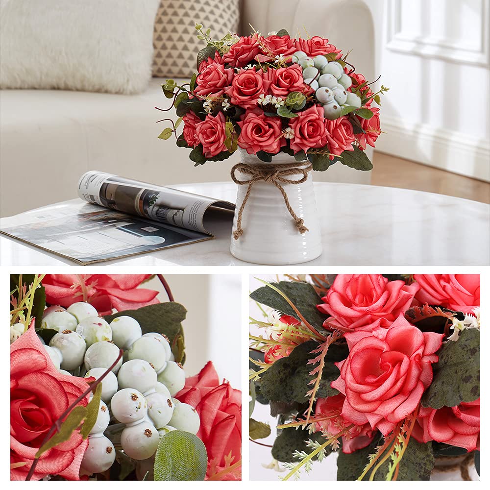 Artificial Silk Roses in Vase - Rustic Floral Table Centerpiece for Home, Kitchen & Room Decor | Perfect for Weddings, Parties & Farmhouse Style Decorations