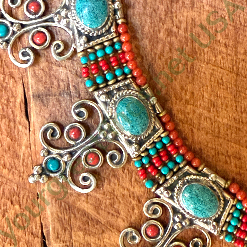 Handmade Tibetan Alpaca Silver Necklace with Turquoise & Coral Beads - Boho Chic Jewelry for Women, Perfect for Festivals, Weddings & Special Occasions
