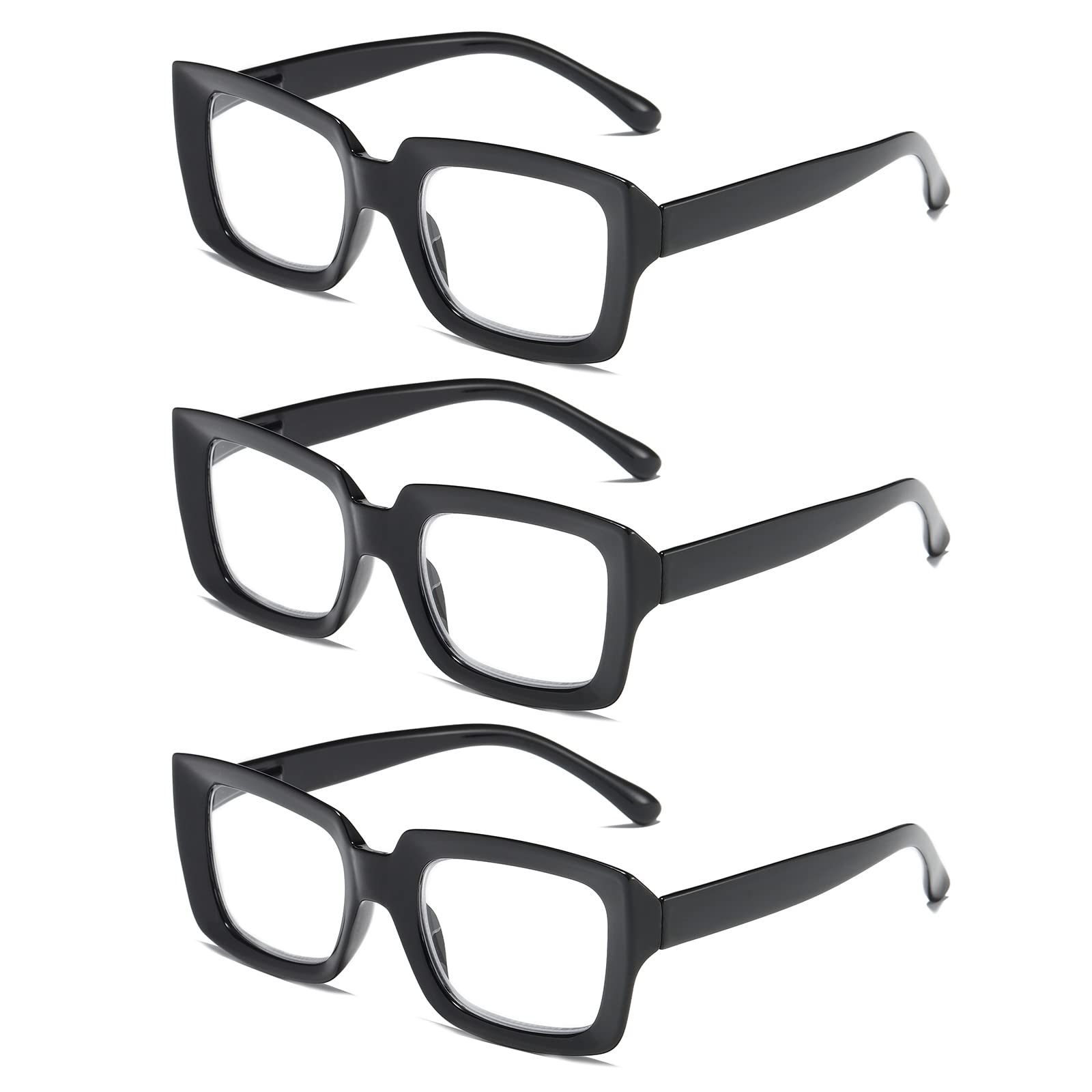 PRTCSLWD 3 Pack Square Blue Light Blocking Reading Glasses for Women - Oversized Computer Glasses with UV Protection (Black, Tortoise, Clear) - Perfect for Office Work, Screen Time & Reading Books