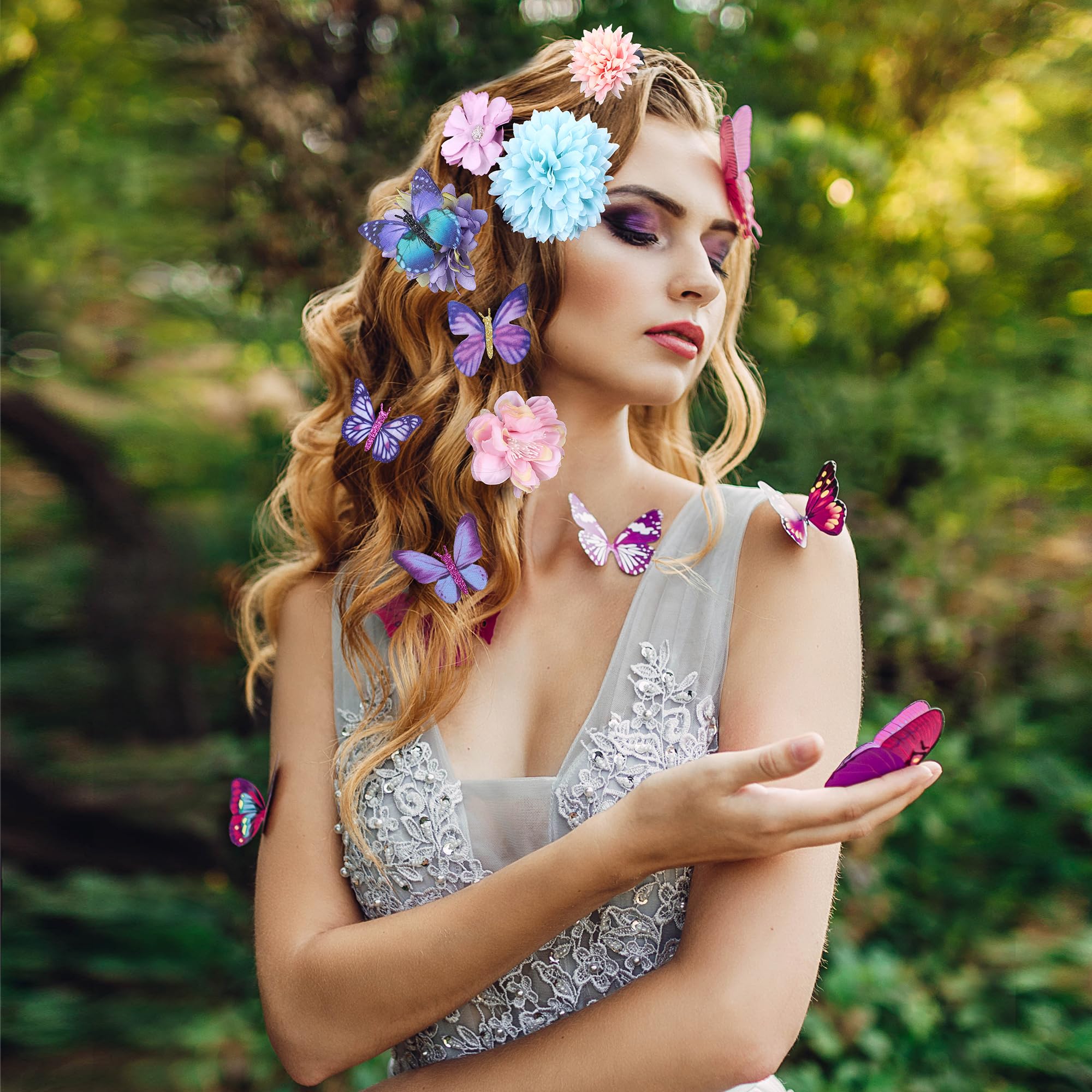 33Pcs Handmade Rose Flower Hair Clips with Butterfly Barrettes - Blue & Purple Wedding Bridal Hair Accessories for Women & Girls | Perfect for Weddings, Parties & Everyday Styling