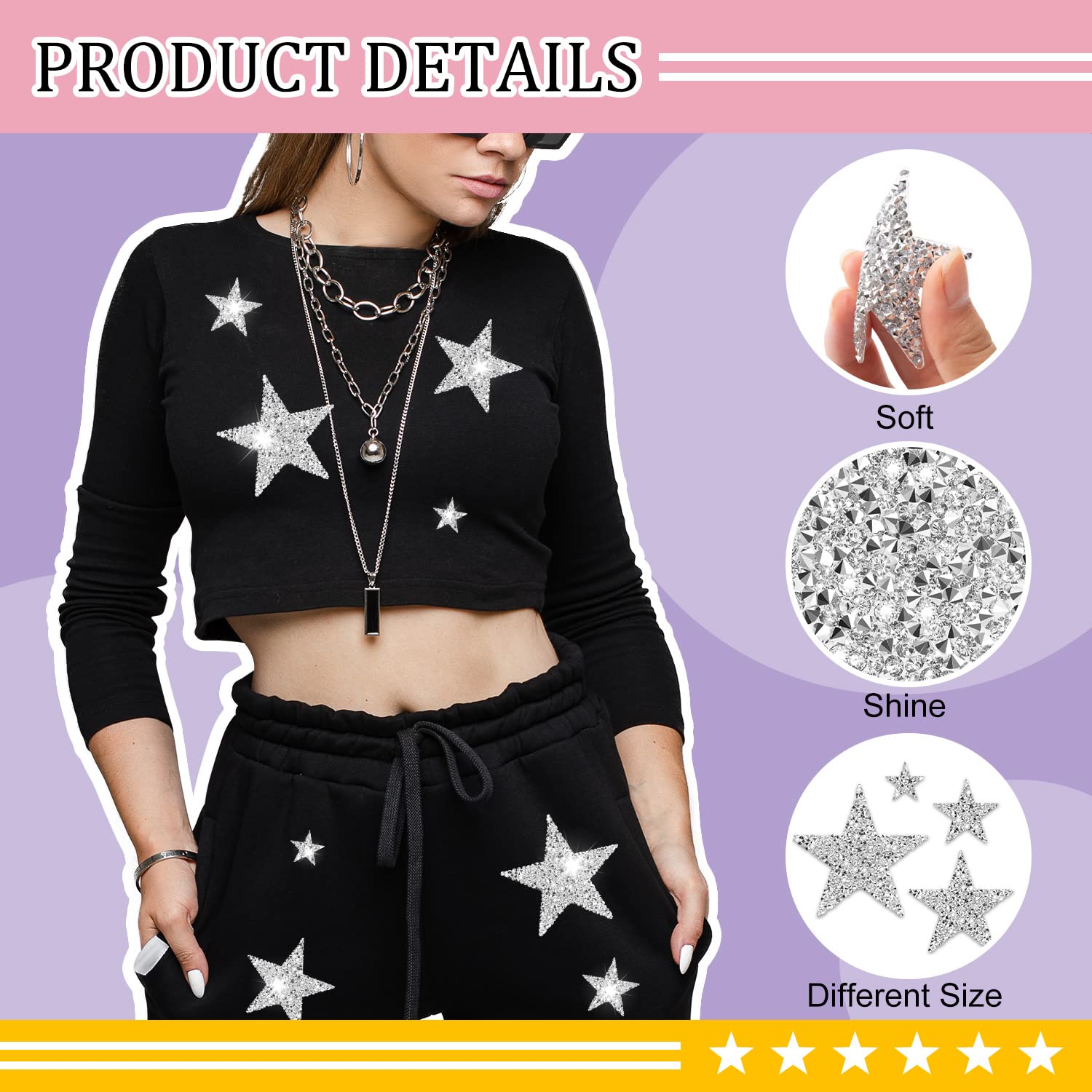 60 Pcs Silver Star Iron-On Patches - Glitter Rhinestone Appliques for Clothing, Jeans, Bags & Hats - DIY Repair & Decoration (4 Sizes) - Perfect for Costumes, Fashion Upgrades & Craft Projects