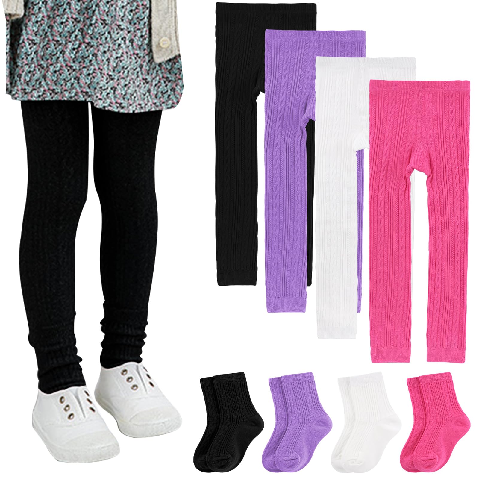 BOOPH 4 Pairs Girls Leggings with Socks Set - Soft Knit Footless Tights & Stockings for Toddler and Kids - Perfect for School, Playtime and Winter Outfits