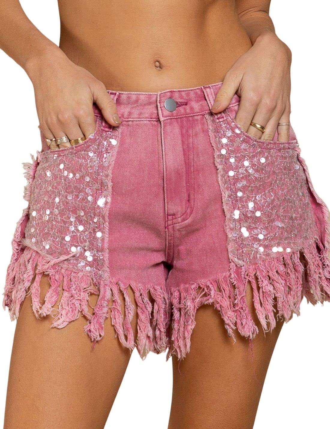 Happlan Women's Sequin Pocket Denim Shorts with Curly Fringe - High Waisted Stretch Jeans for Casual Wear, Party, and Night Out