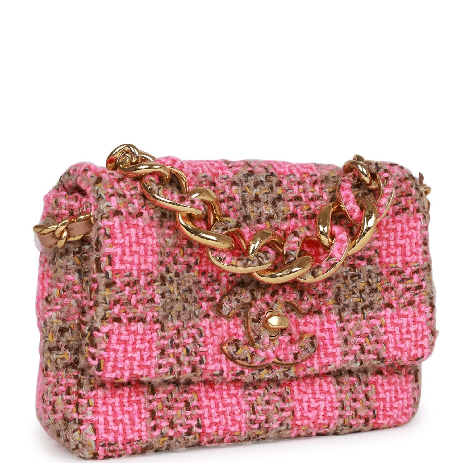 Chanel Small Elegant Chain Flap Bag Pink & Beige Tweed with Gold Hardware - Perfect for Evening Parties, Weddings & Luxury Fashion Accessories