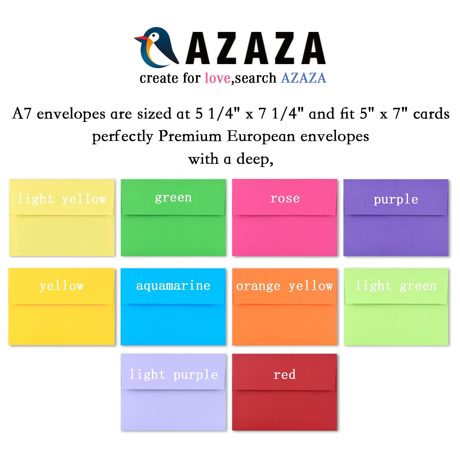 AZAZA 50 Pack 5x7 Envelopes - A7 Self Seal Multicolor Printable Invitation Envelopes for Wedding, Baby Shower, Greeting Cards | Perfect for Mailing, Stationery, and Event Planning