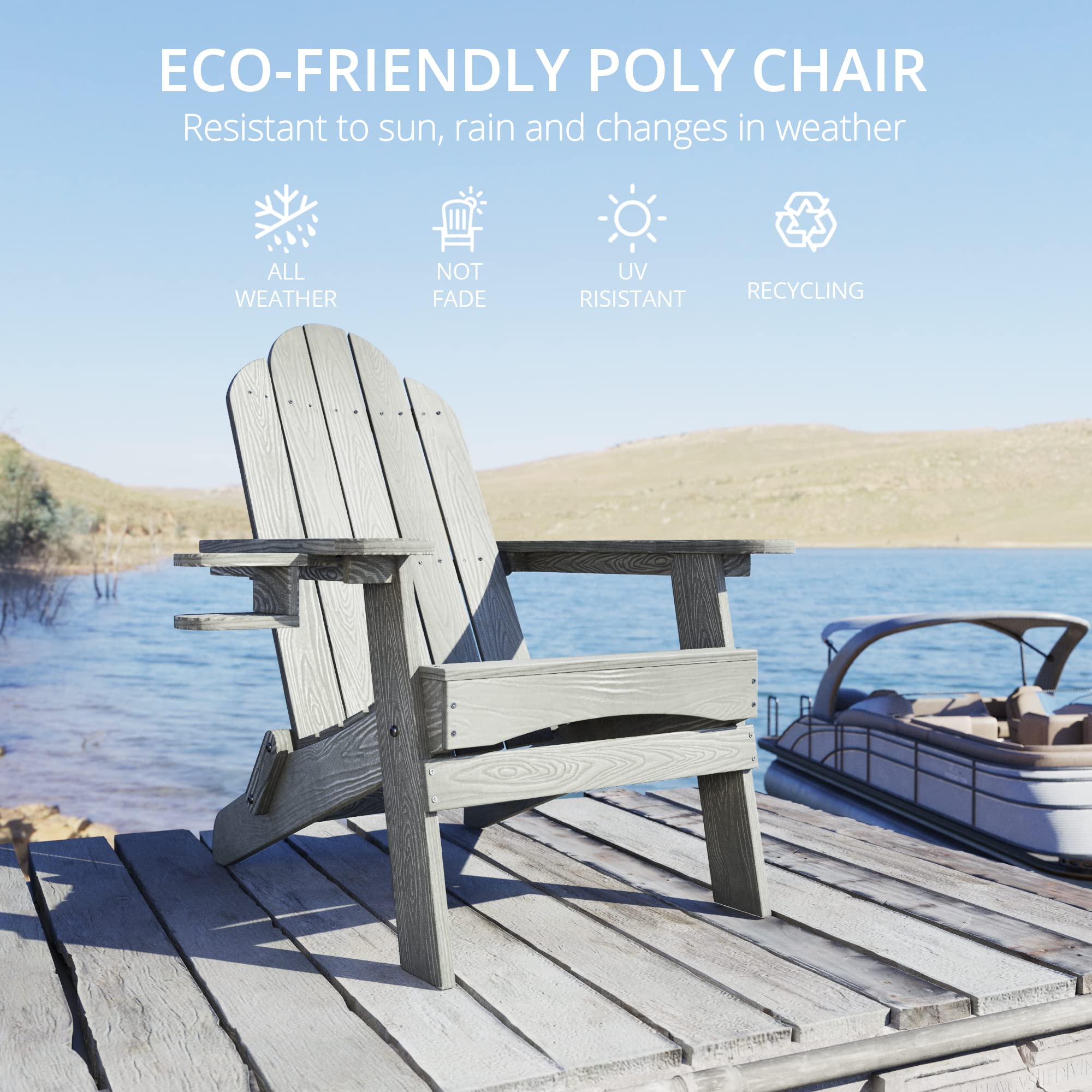LUE BONA 6-Piece Folding Adirondack Chair Set - Gray HDPE Weather-Resistant Outdoor Patio Chairs with Cup Holder for Fire Pit, Backyard, Poolside & Garden Relaxation