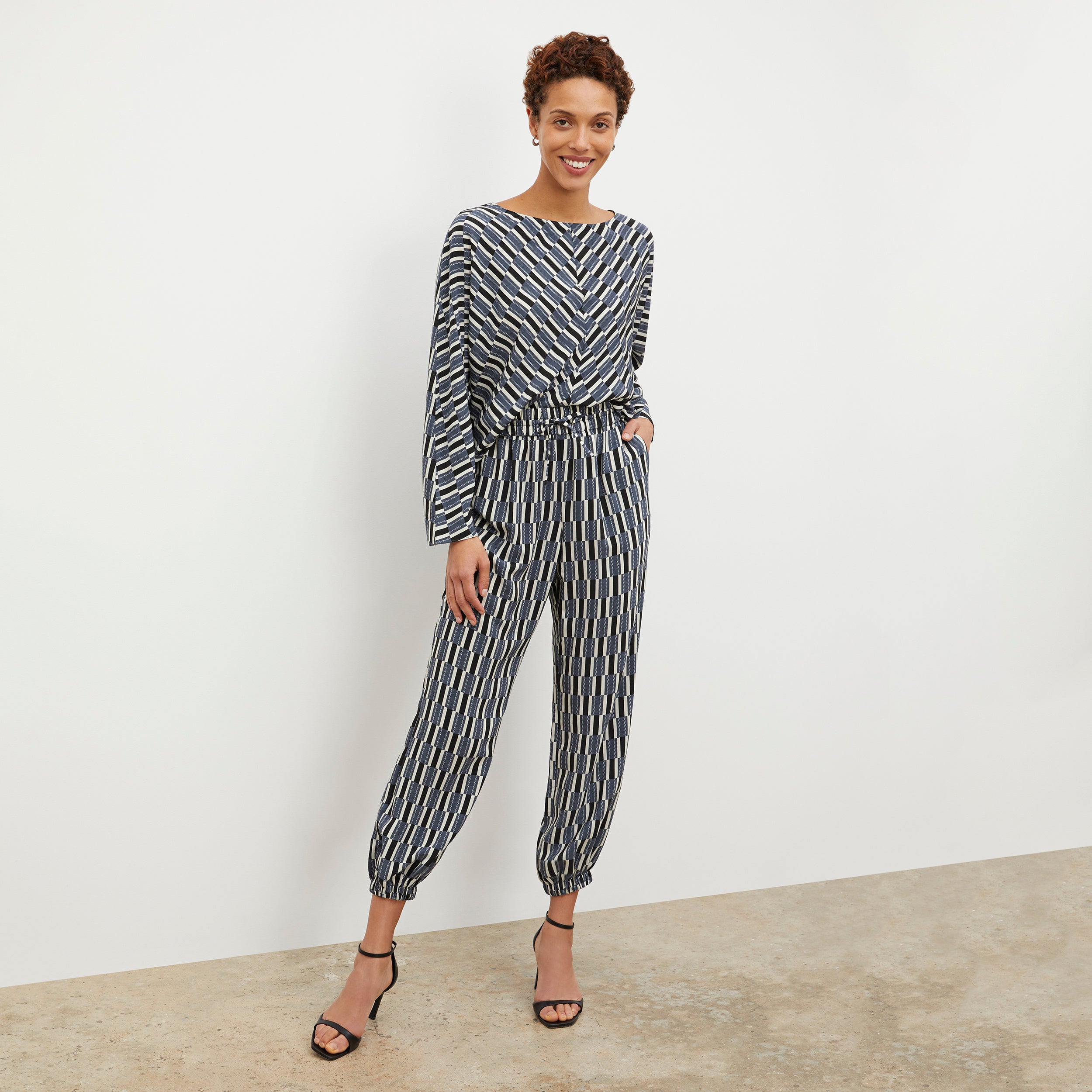 Amelia Jogger Pants - Arpeggio Print Washable Silk Joggers in Blue & Black | Comfortable Lounge Pants for Women | Perfect for Yoga, Travel & Casual Wear