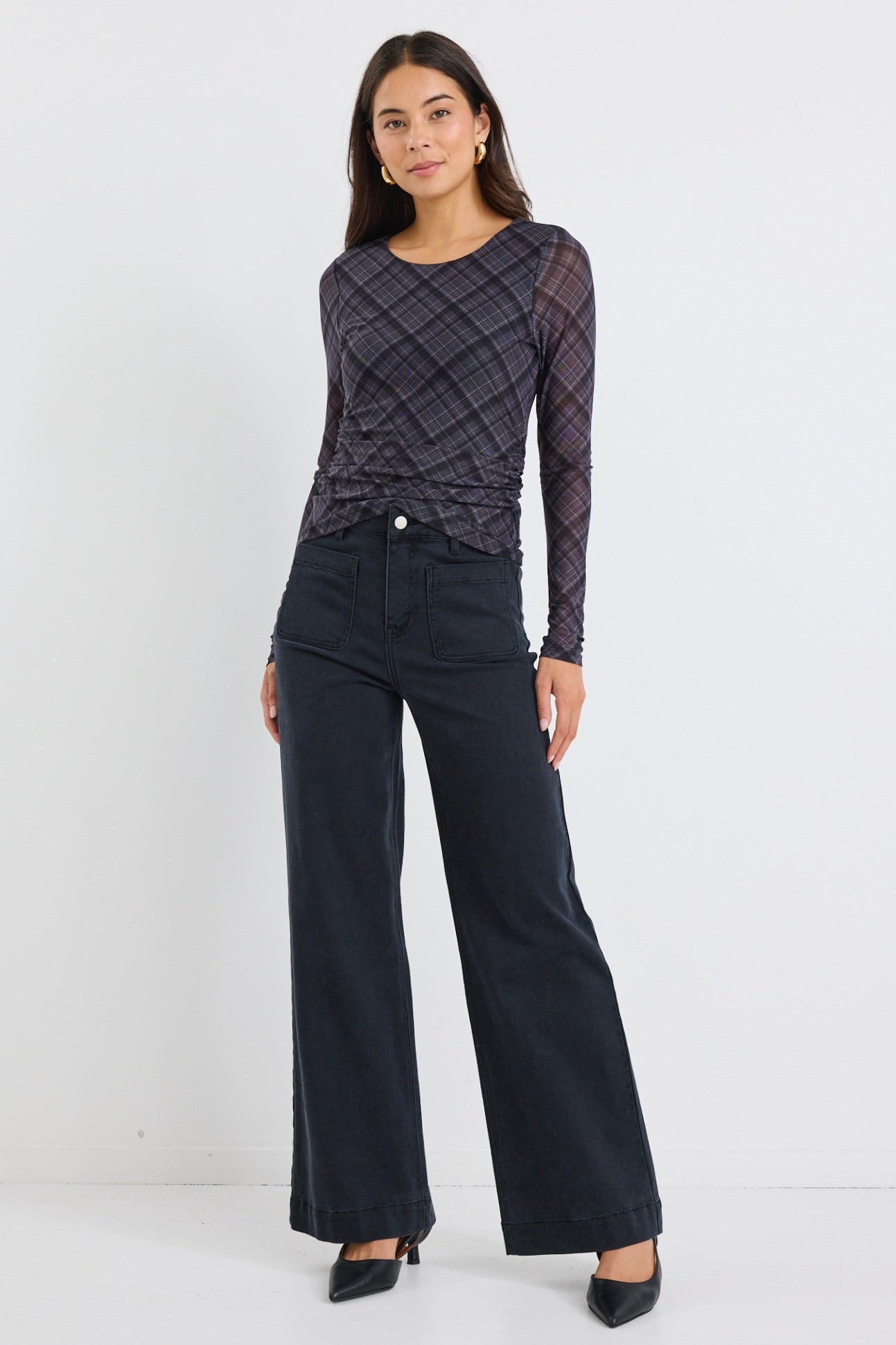 Charcoal Check Long Sleeve Wide Neck Top for Women - Stylish & Comfortable Fall Fashion - Perfect for Casual Outings & Layering