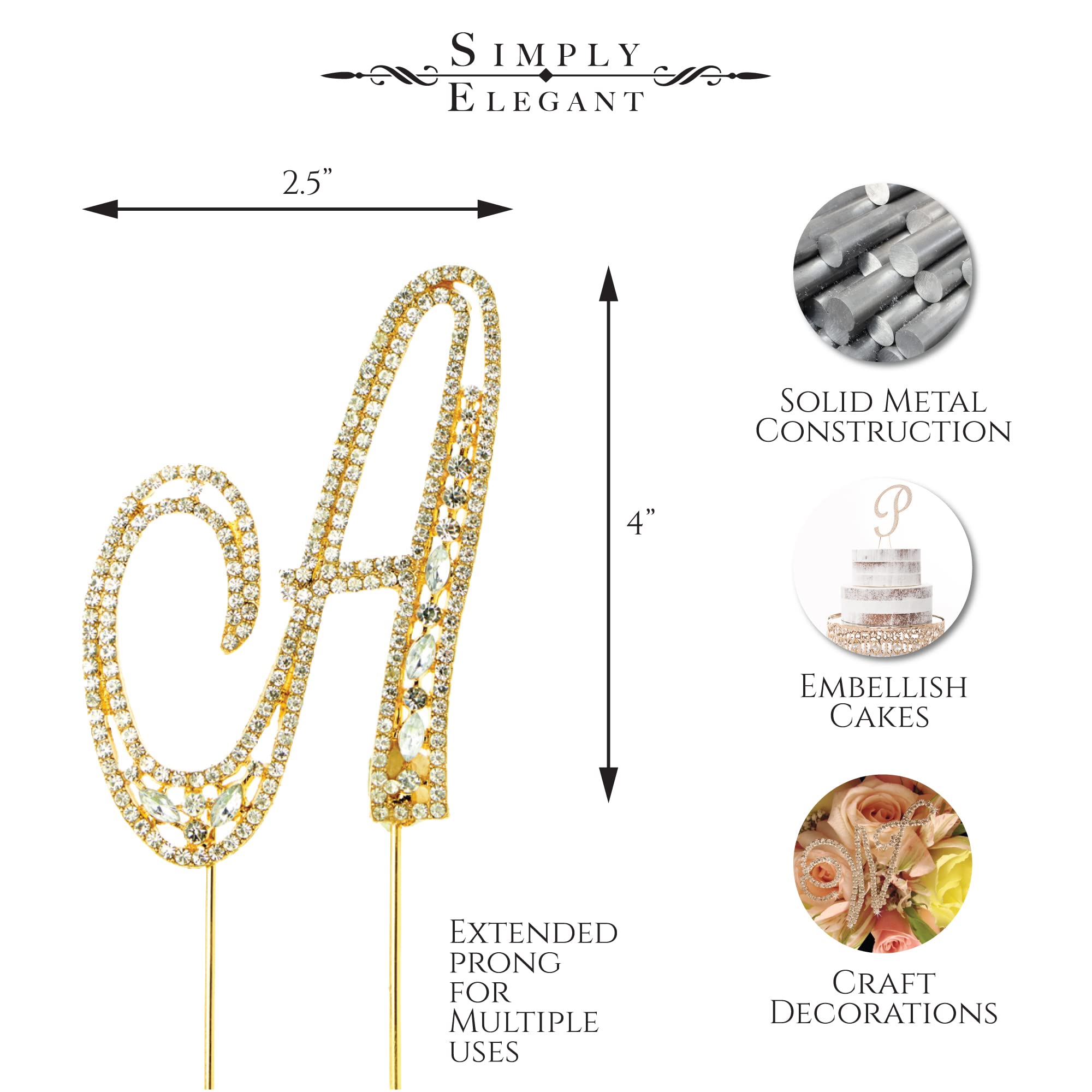 Sparkly Rhinestones Gold Monogram Cake Topper Letter A - Elegant Wedding, Birthday, Gender Reveal & Anniversary Cake Decoration for Special Celebrations