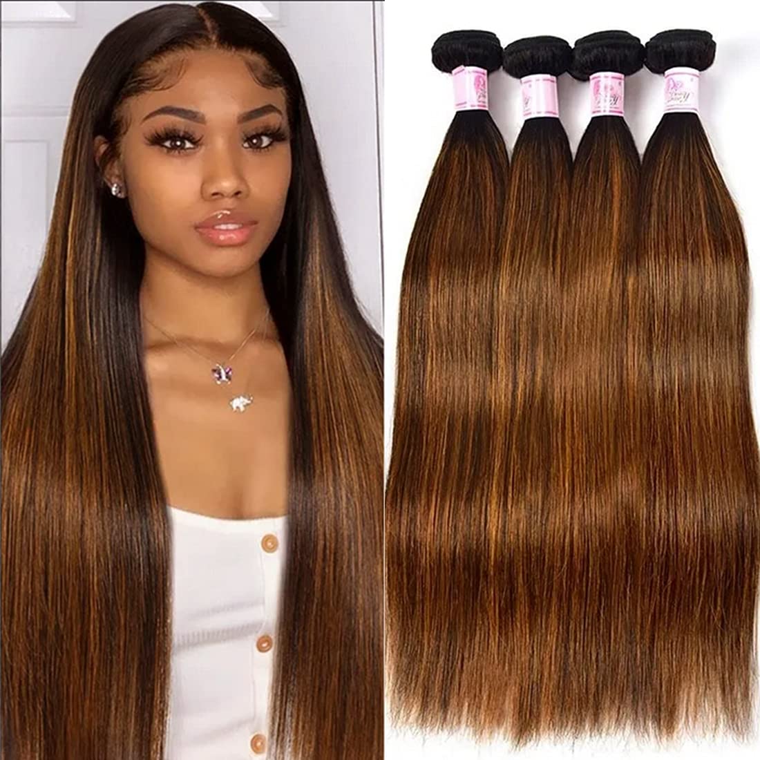 Beauty Forever #FB30 Straight Human Hair Weave 4 Bundles 16 18 20 22 Inch Malaysian Virgin Hair Extensions - Ombre Highlight Colors for Sew In Weaves | Perfect for Salon Styling, Daily Wear & Special Occasions