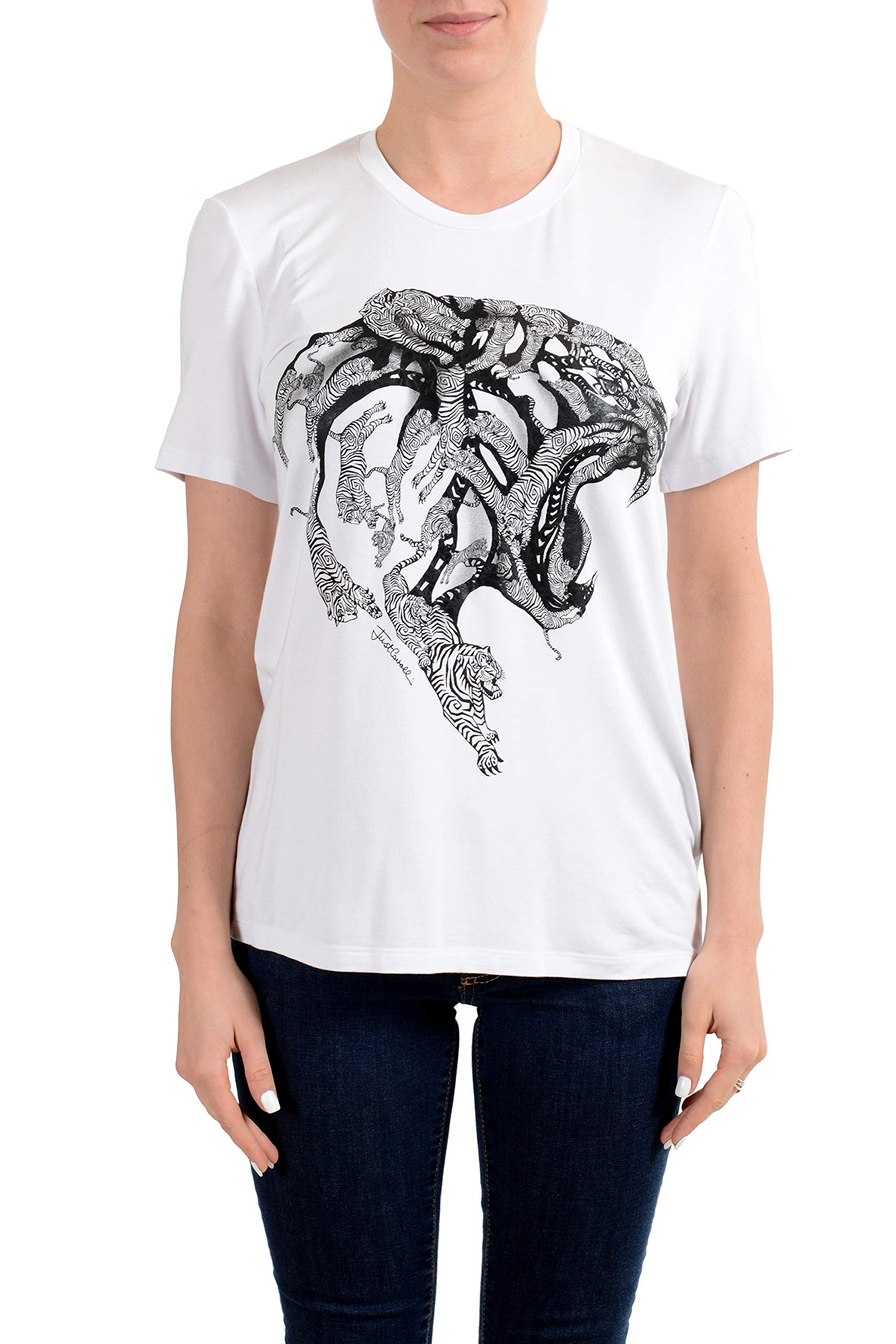 Just Cavalli Women's White Printed Short Sleeve T-Shirt | Fashion Casual Top | US Size S, IT 40 | Perfect for Summer Outfits, Beach Wear & Daily Comfort