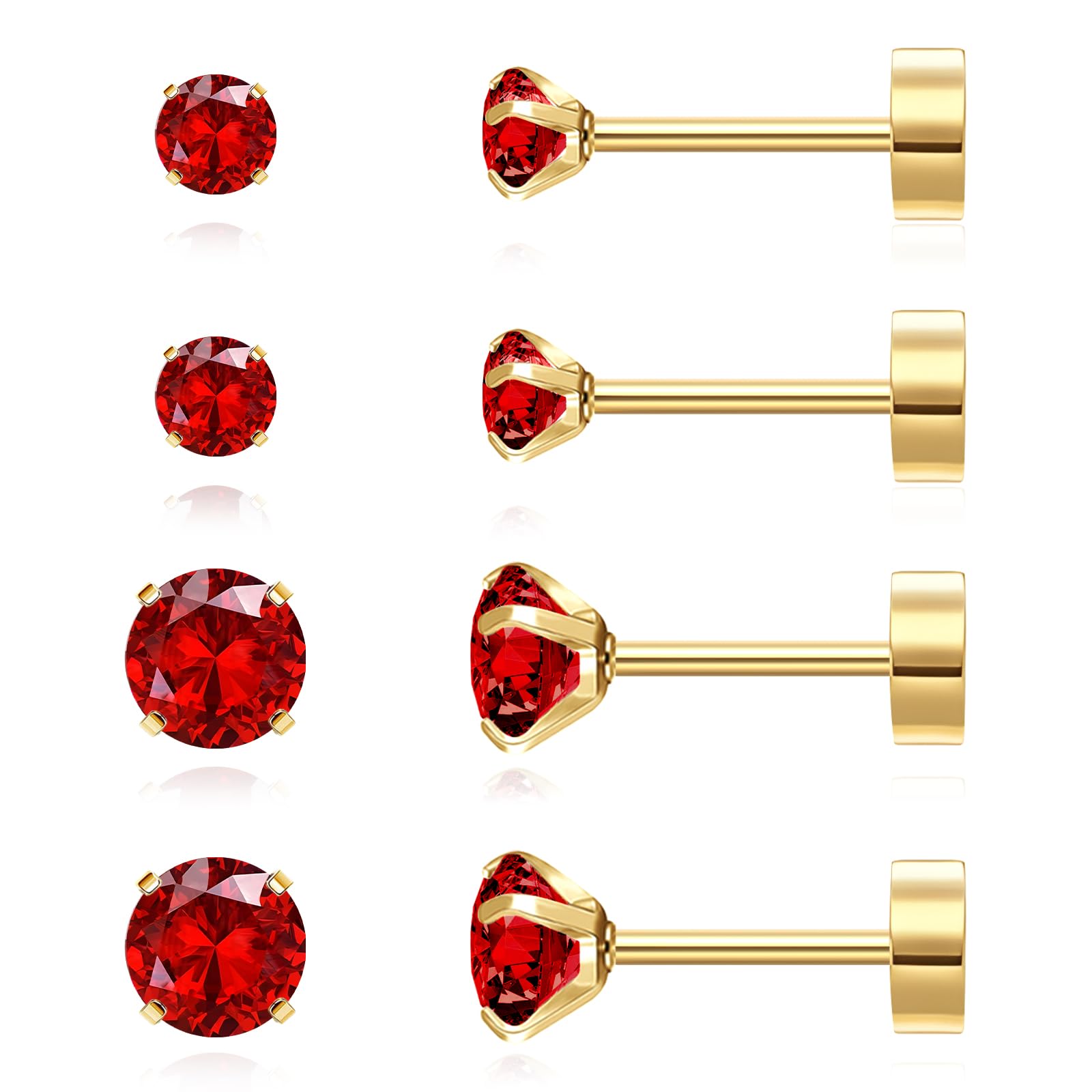 2 Pairs 18K Gold Flat Back Stud Earrings for Women | 3mm & 5mm Red Nap Earrings | Hypoallergenic Comfort Jewelry for Sleeping & Everyday Wear
