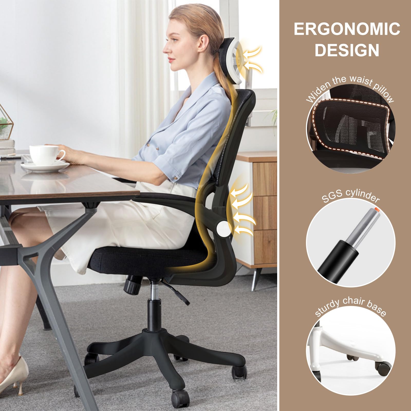 Ergonomic Office Chair with Flip-Up Armrests & Lumbar Support - High Back Mesh Computer Desk Chair, Adjustable Headrest Swivel Task Chair for Home Office & Gaming - Black | Perfect for Long Work Hours & PC Gaming Sessions