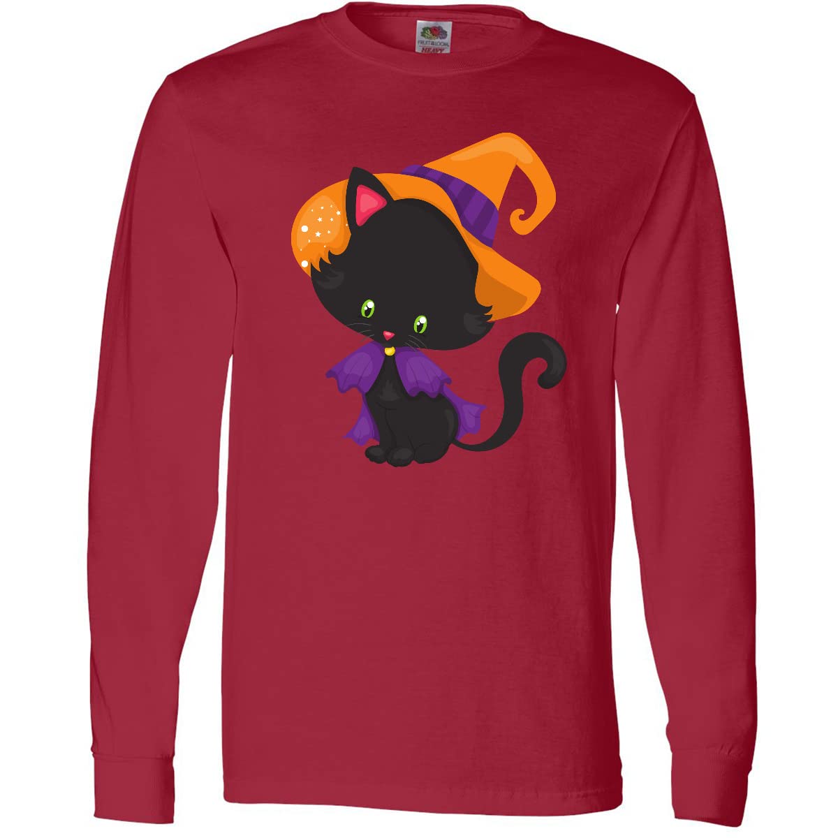 Inktastic Halloween Cat T-Shirt - Cute Black Cat with Witch Hat Long Sleeve Shirt for Women & Men | Perfect for Halloween Parties, Costume Contests & Spooky Season Outfits