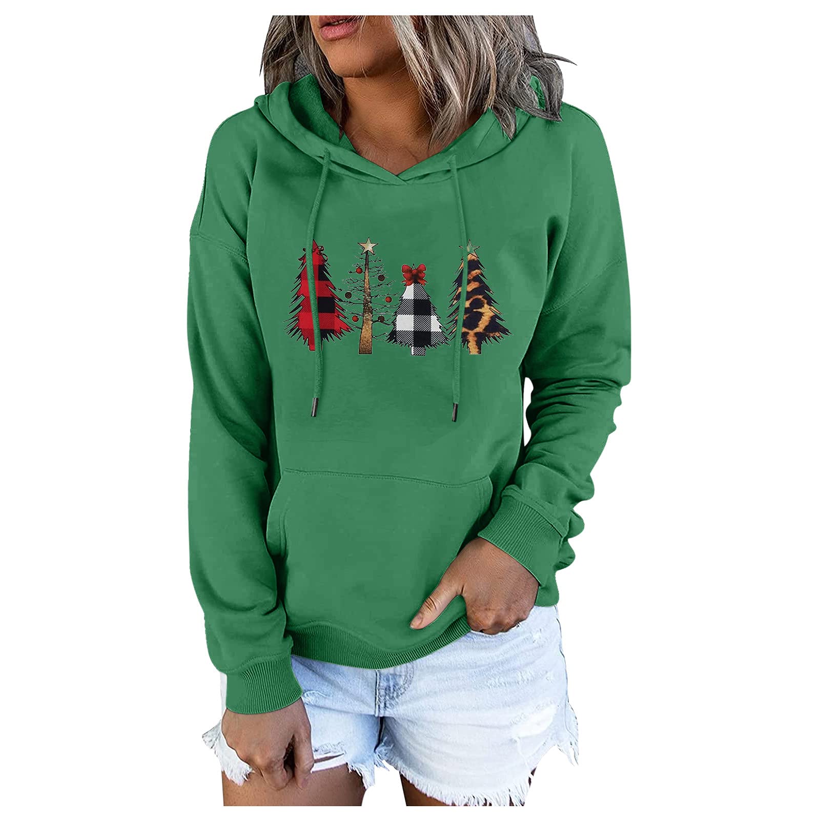 Women's Christmas Hoodie - Cute Santa, Elks & Snowman Print Sweatshirt with Pockets & Drawstring | Long Sleeve Holiday Pullover for Winter, Xmas Party & Cozy Outfits