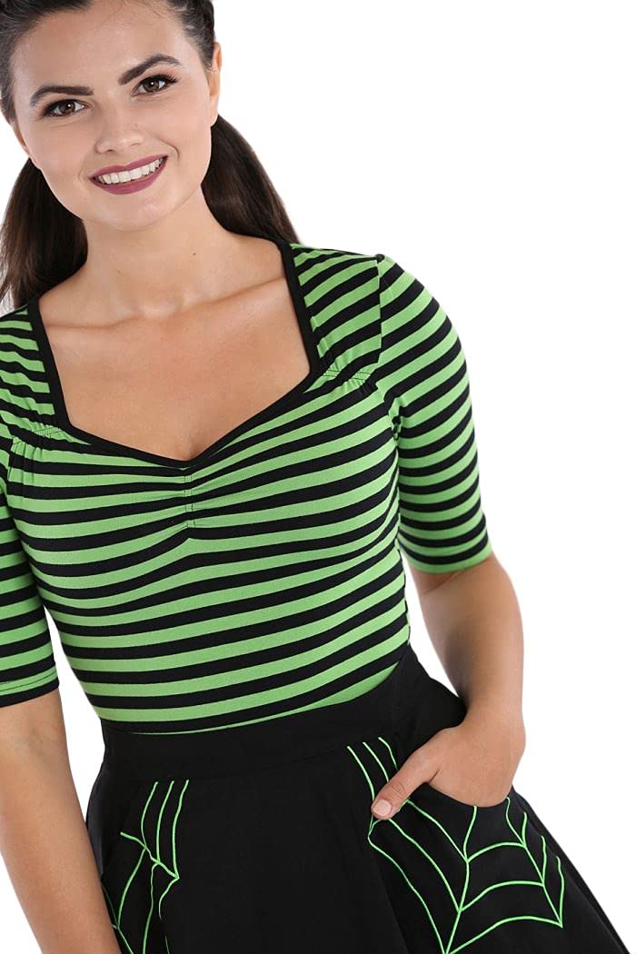 Hell Bunny Warlock Striped Punk Retro Jersey Top - Vintage Rockabilly Style Women's T-Shirt for Concerts, Parties & Casual Wear