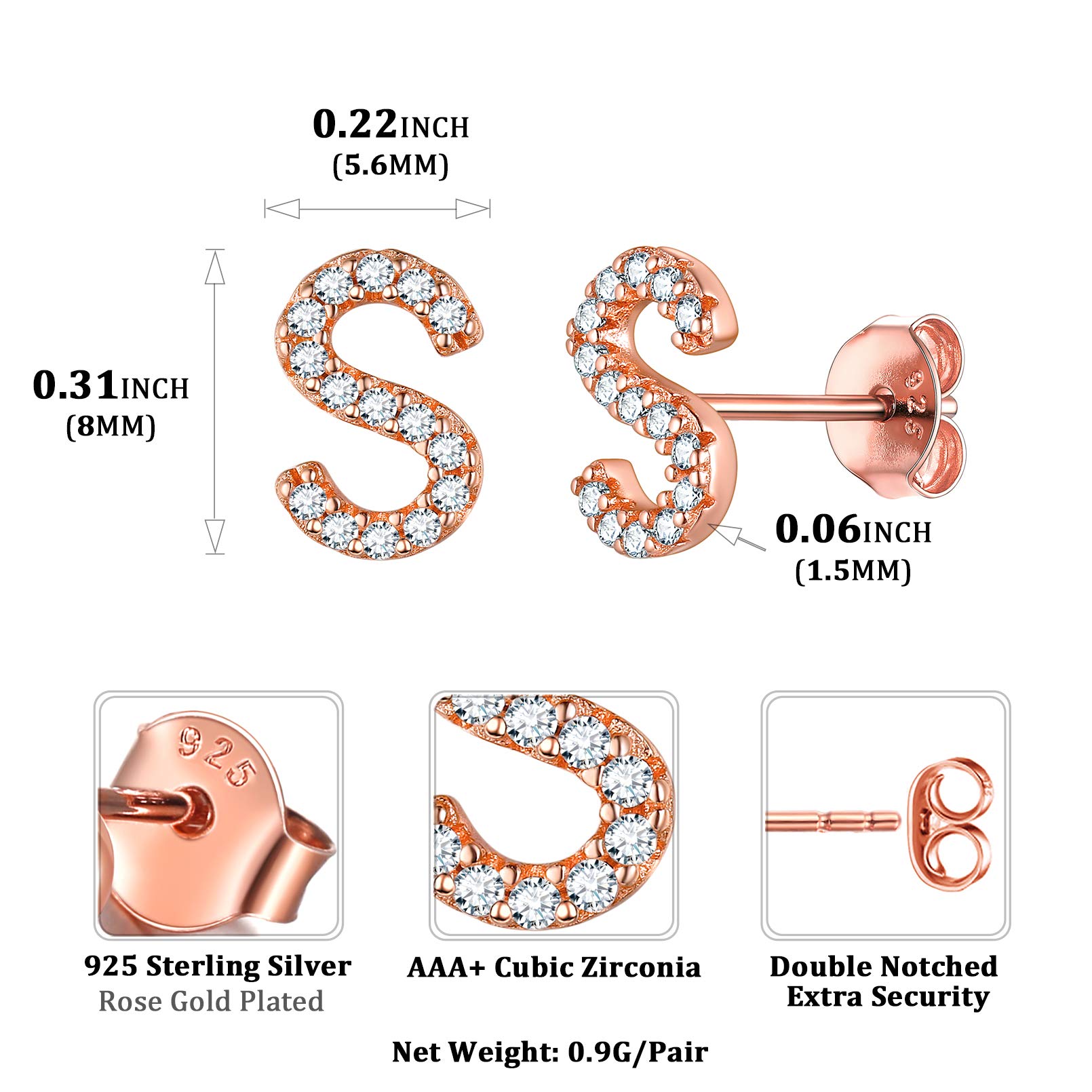 ChicSilver Women's Initial 'S' Earrings - Sterling Silver & Rose Gold Tiny CZ Stud Earrings for Everyday Wear | Personalized Jewelry Gift for Her | Perfect for Casual, Office & Date Nights