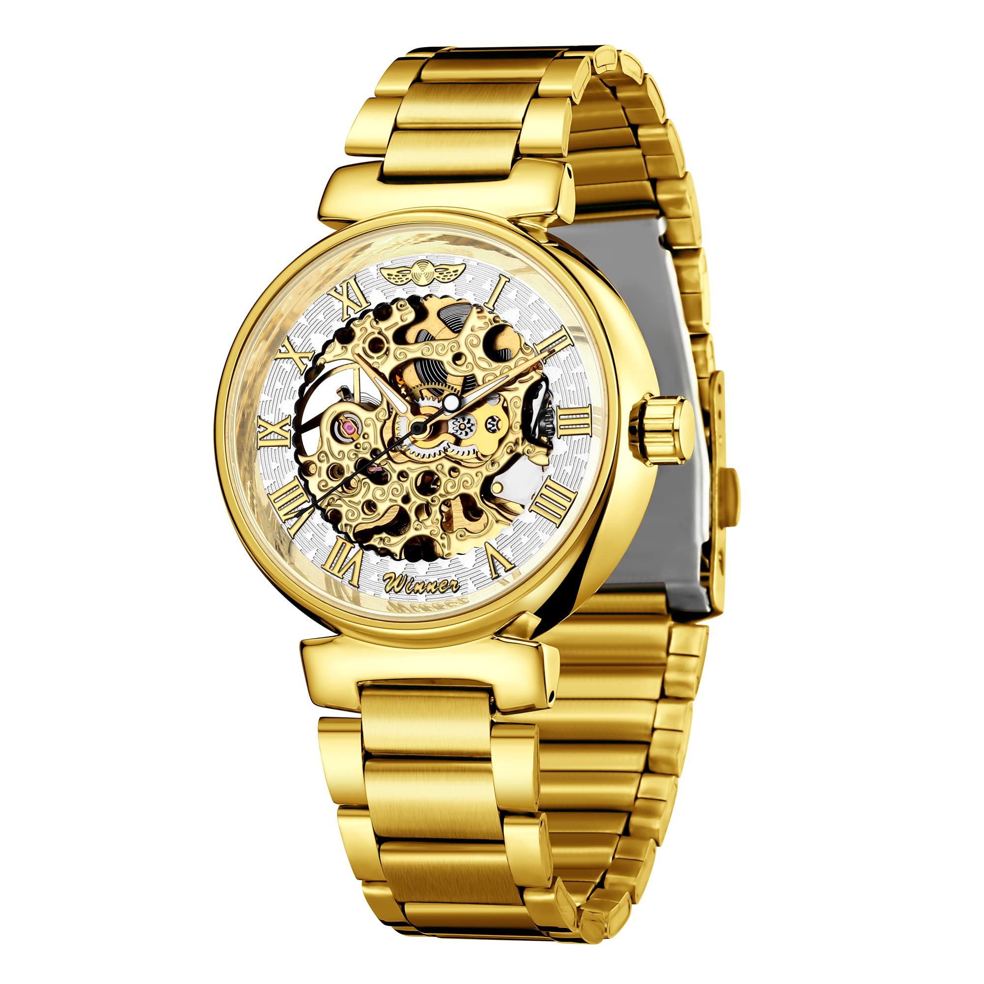Carlien Skeleton Automatic Steampunk Watch - Gold-Tone Luminous Hands with Leather Strap - Vintage Mechanical Wristwatch for Men & Women (White) - Perfect for Steampunk Cosplay, Formal Events & Unique Gift Giving