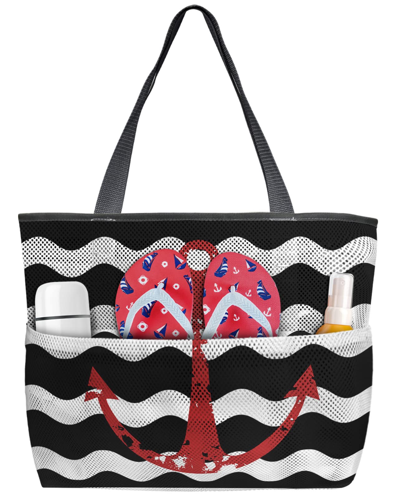 Vintage Red Anchor Black White Wave Striped Mesh Beach Tote Bag for Women - Oversized 8-Pocket Travel, Pool & Toy Storage Bag - Perfect for Beach Trips, Swimming & Summer Outings