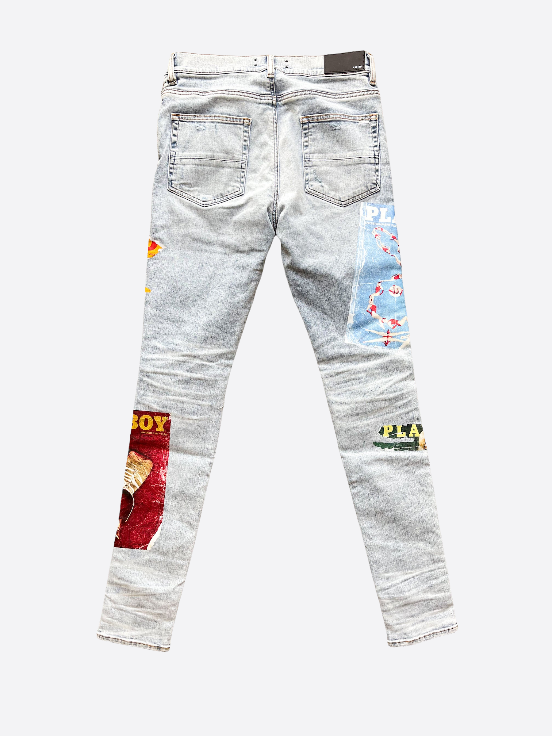 Amiri Playboy Blue Distressed Jeans for Men - Vintage Washed Denim Pants with Rabbit Logo | Perfect for Streetwear & Casual Outfits