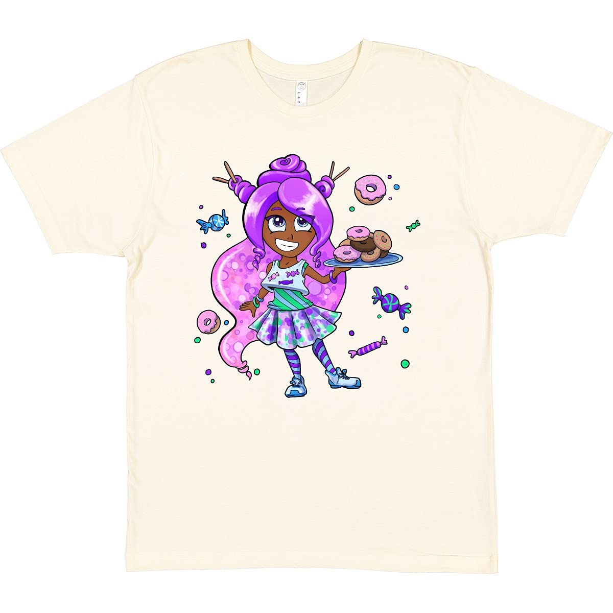 Inktastic Women's Purple Hair Donuts and Candy Graphic T-Shirt - Fun Casual Tee for Donut Lovers, Sweet Treat Enthusiasts | Perfect for Birthday Gifts, Girls' Day Out, Candy-Themed Parties